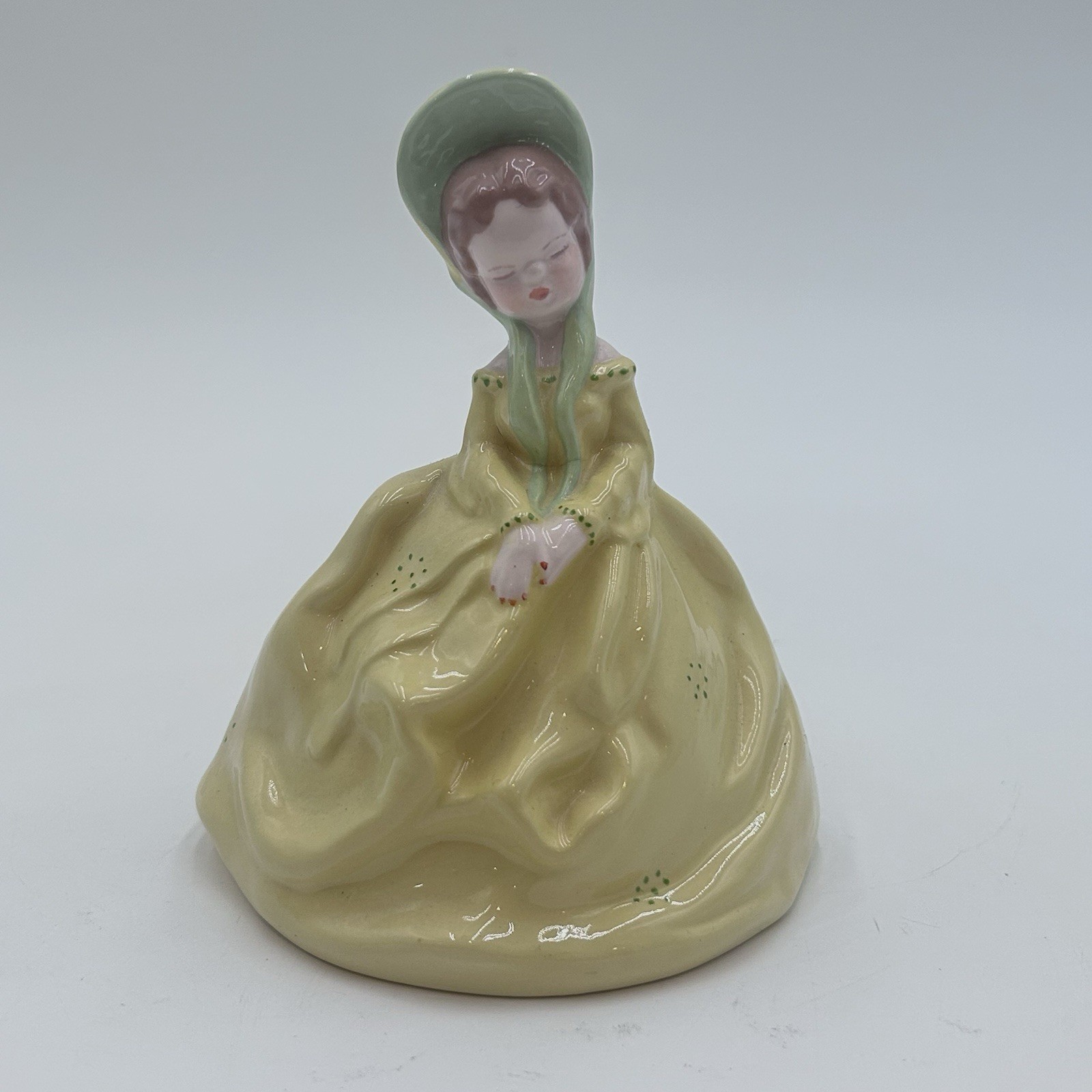 1960\'s Vintage MCM Girl Figurine Yellow Dress Bonnet Signed AL 69 APPORX 5” Tall