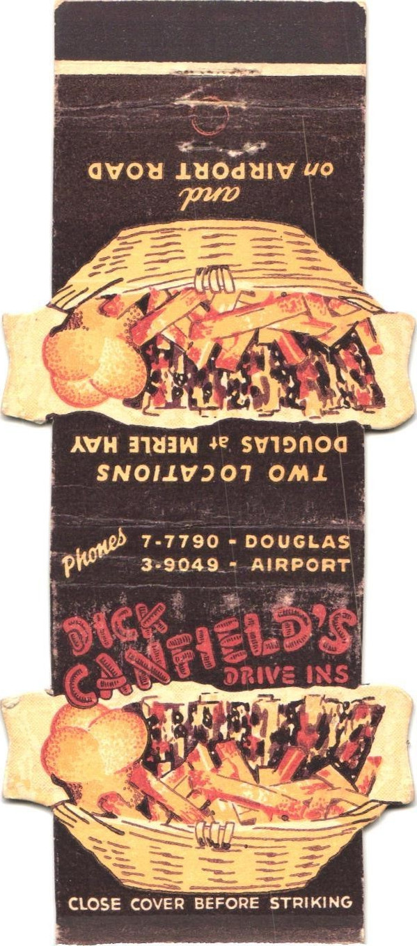 Dick Canfield's Drive-Ins Des Moines IA Vintage Matchbook Cover 1940s-50s Dick Canfield's Drive-Ins Des Moines IA Vintage Matchbook Cover 1940s-50s