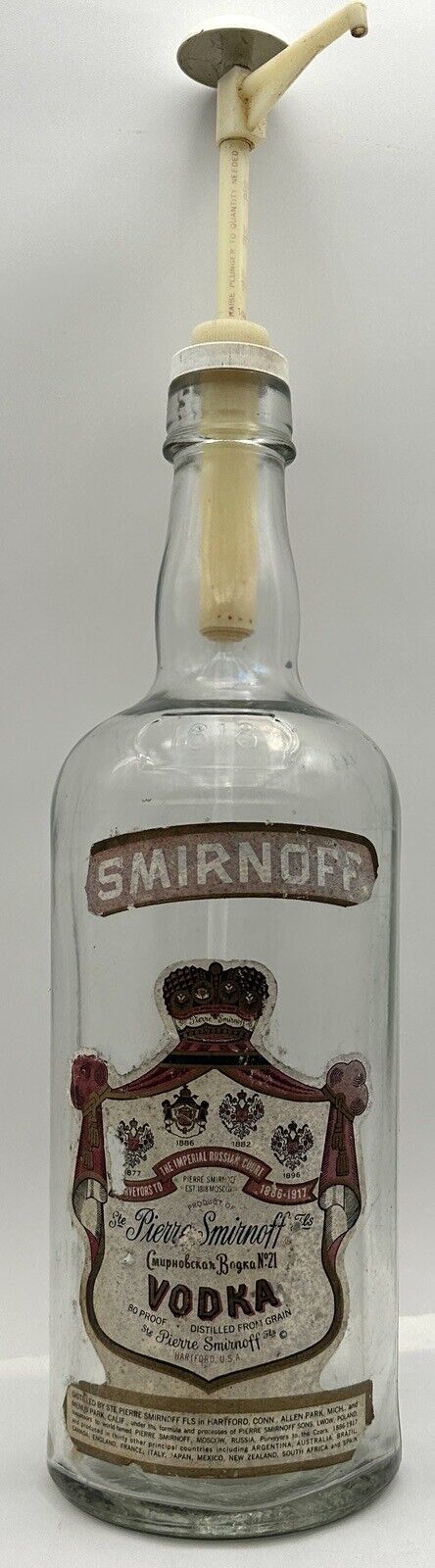 Vintage Large Smirnoff Vodka Glass 1 Gallon Bottle 80 Proof Pierre Pump Empty