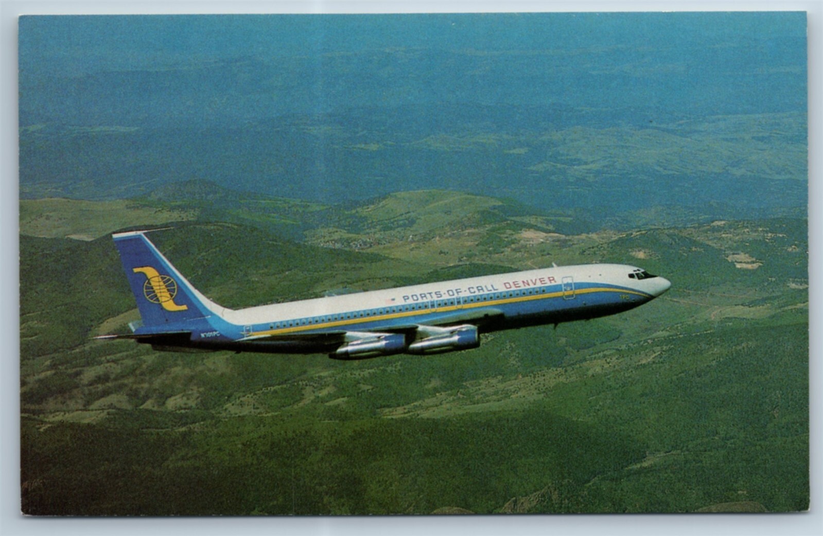 Postcard Ports Of Call Denver Boeing 707 In Flight Airplane Chrome H1F