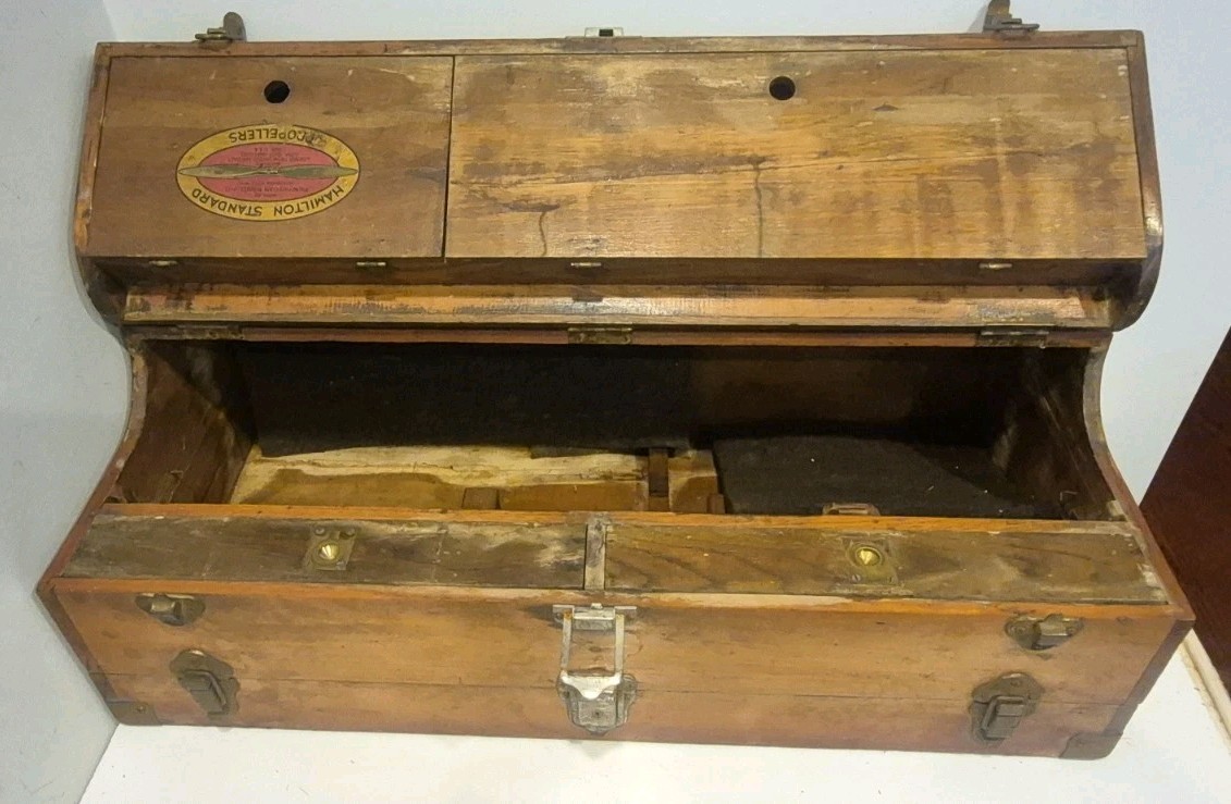 Rare Vintage Hamilton Standard Propellers Wood Toolbox Dual Sided Original Keys Rare Vintage Hamilton Standard Propellers Wood Toolbox Dual Sided Original Keys