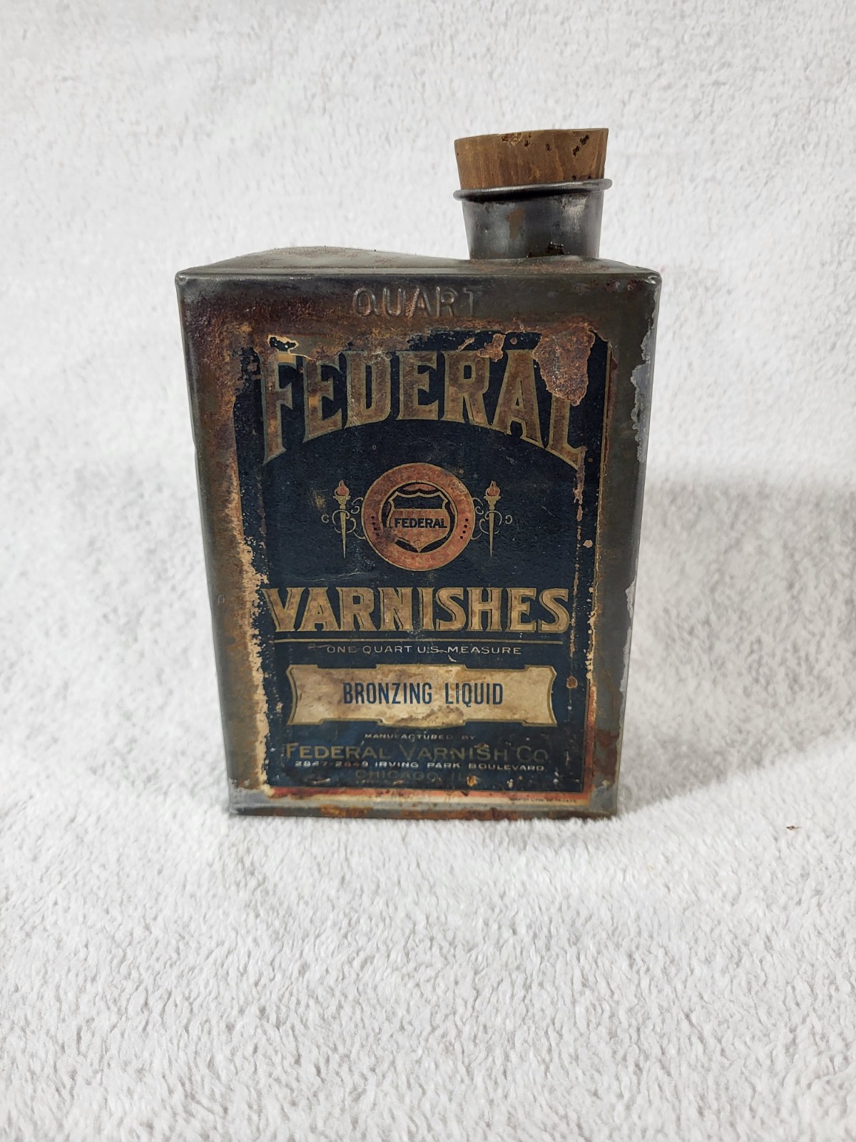 Vintage 1920s Federal Varnishes Bronzing Liquid Can Tin Chicago IL Flat Top Cork Vintage 1920s Federal Varnishes Bronzing Liquid Can Tin Chicago IL Flat Top Cork