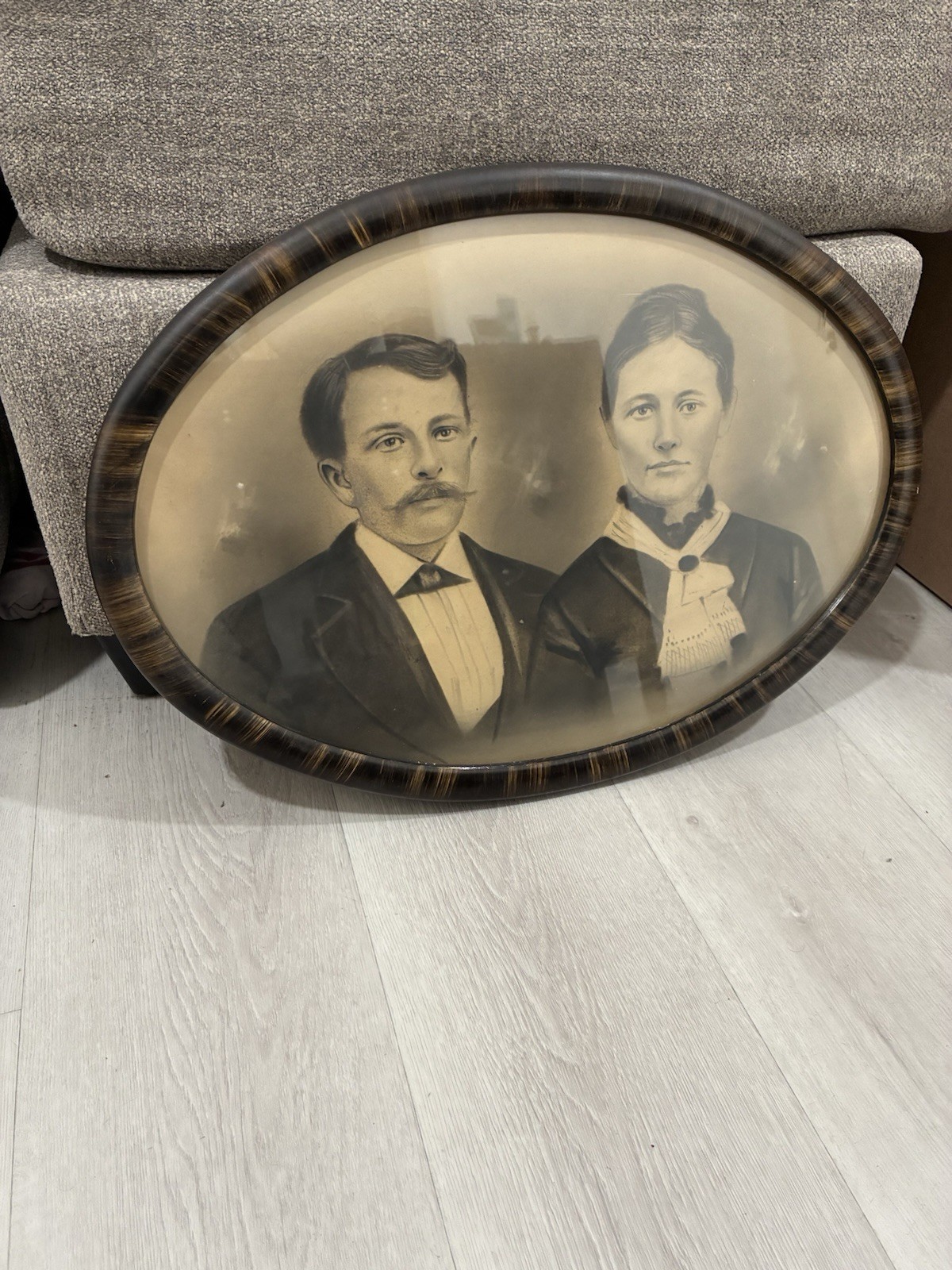Antique Victorian Couple Crayon Portrait Convex Oval Frame 1800s