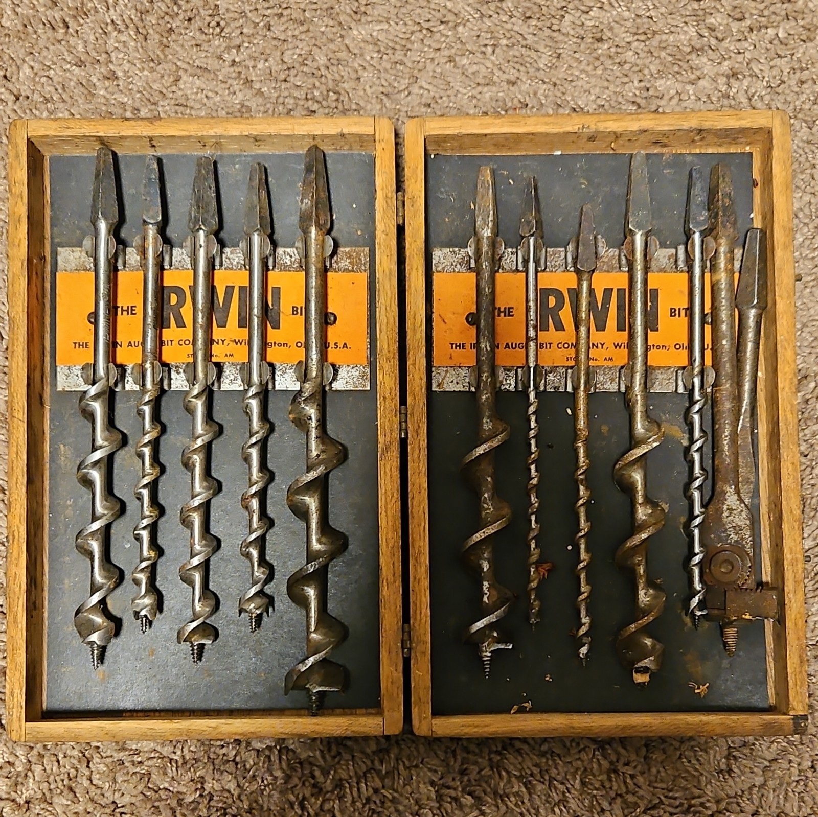 Vintage Irwin 10Pc. Auger Bits Set With Original Wood Case , USA Vintage Irwin 10Pc. Auger Bits Set With Original Wood Case , USA
