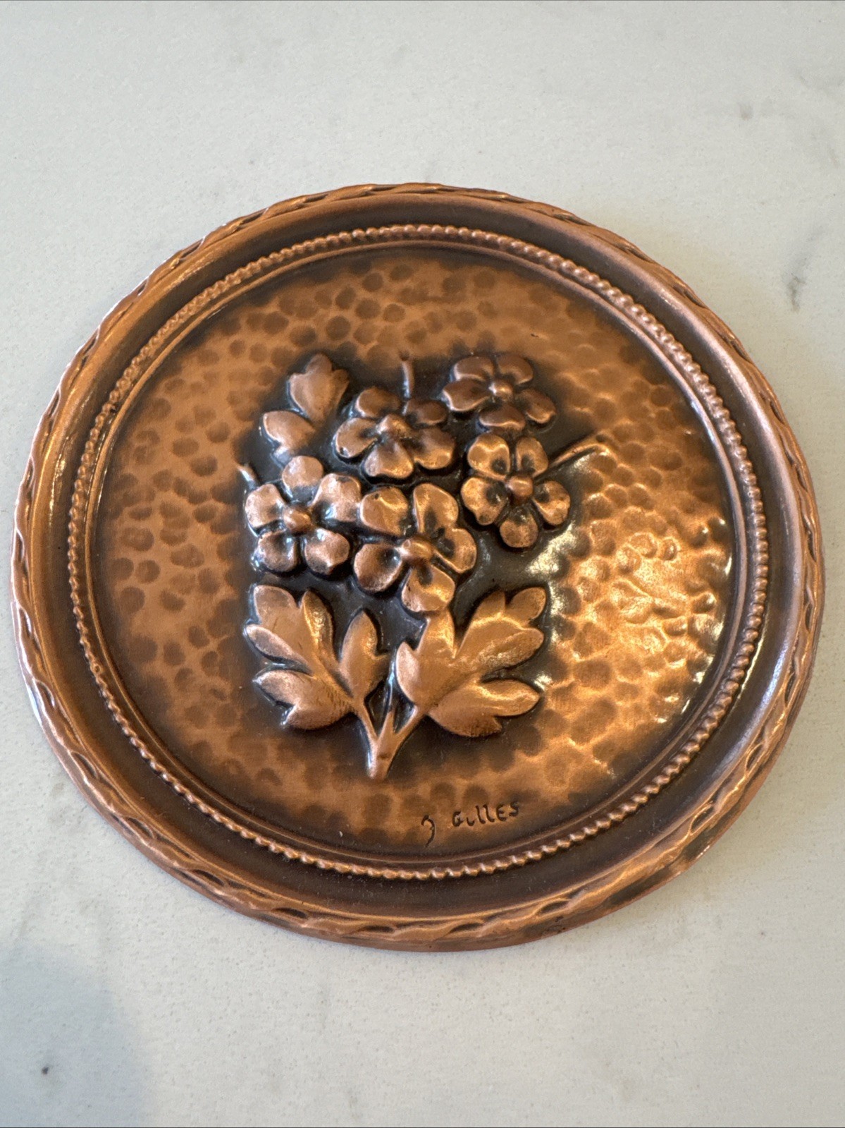 Vtg Albert Gilles Copper Relief Hanging Plate, Embossed/Raised flowers Vtg Albert Gilles Copper Relief Hanging Plate, Embossed/Raised flowers