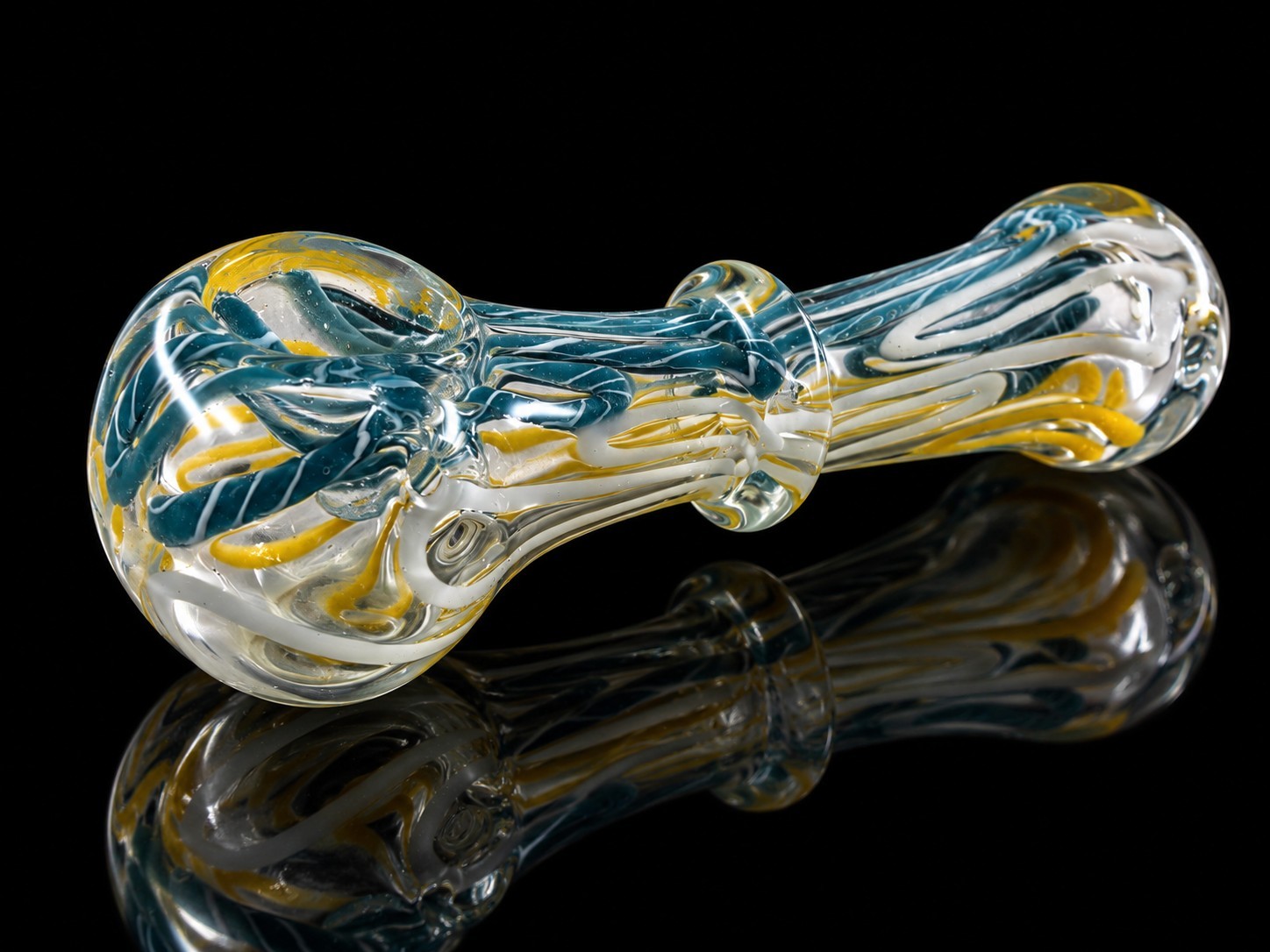 Colorful Glass Tobacco Hand Pipe Teal Yellow Clear Raised Ring Detail