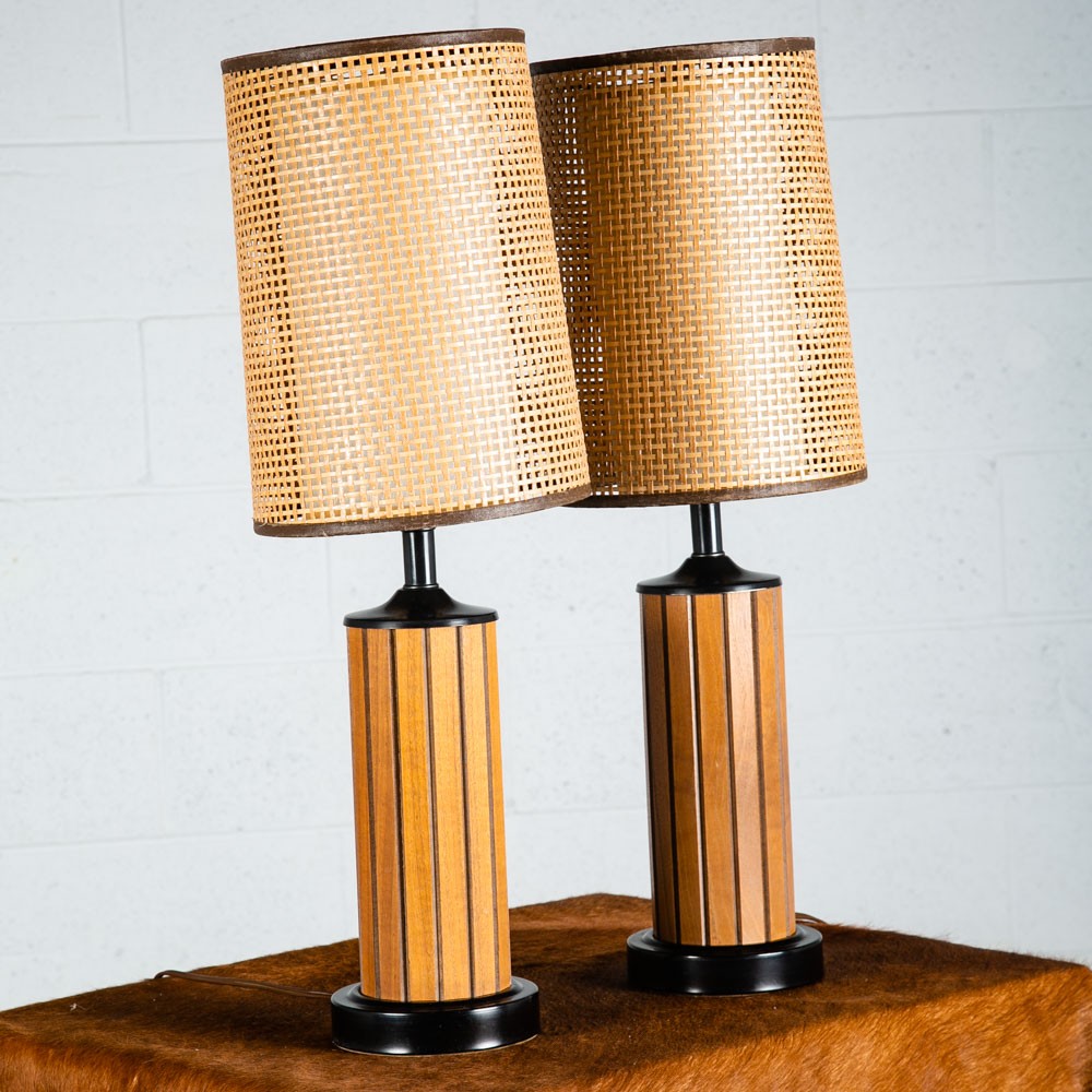 Mid Century Modern Lamp Set Table Light lighting Gruvwood Walnut Cane Shade Pair Mid Century Modern Lamp Set Table Light lighting Gruvwood Walnut Cane Shade Pair