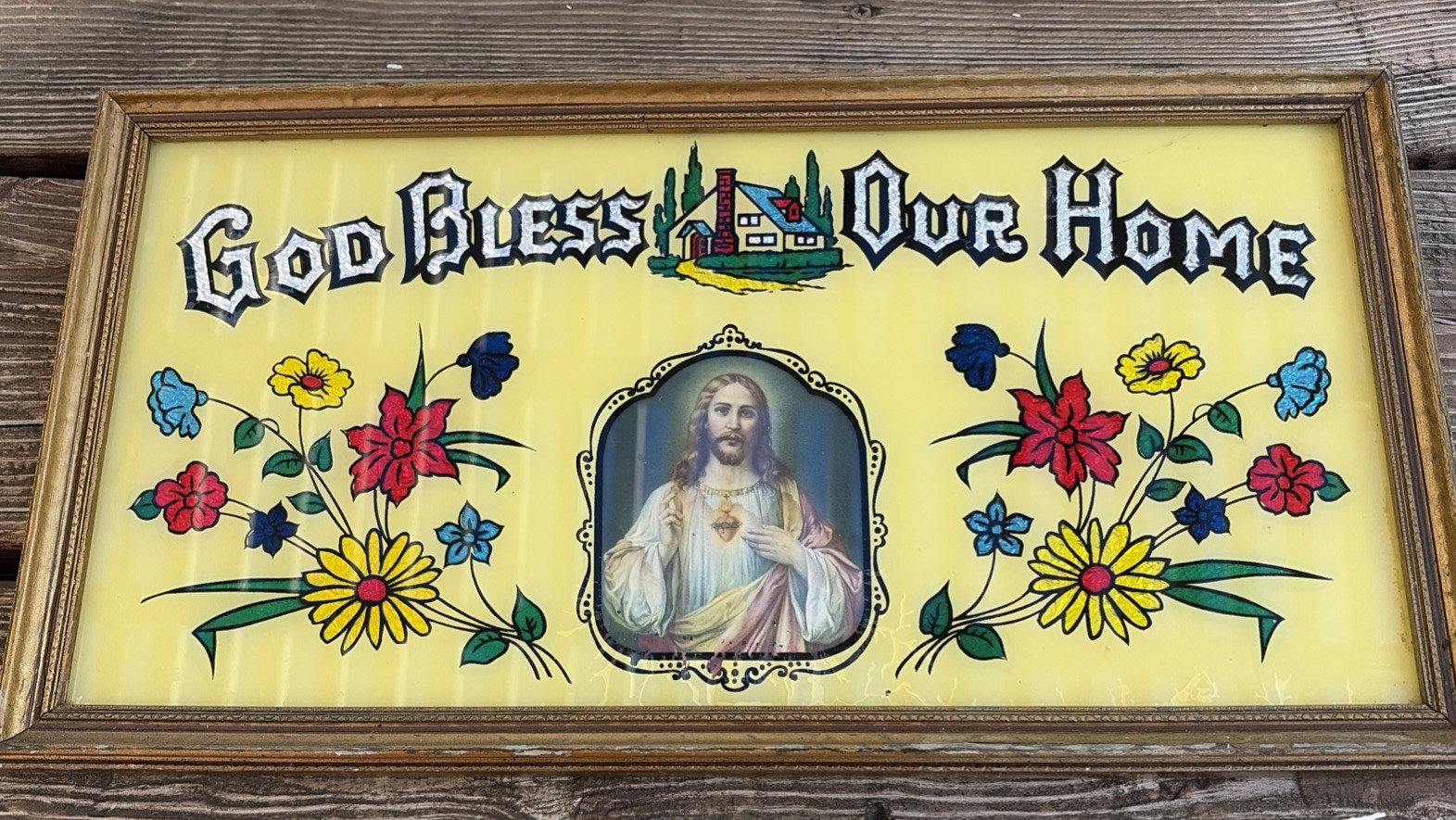Antique Vintage Art Deco Foil God Bless Our Home Reverse Painted Framed 17” Wide Antique Vintage Art Deco Foil God Bless Our Home Reverse Painted Framed 17” Wide