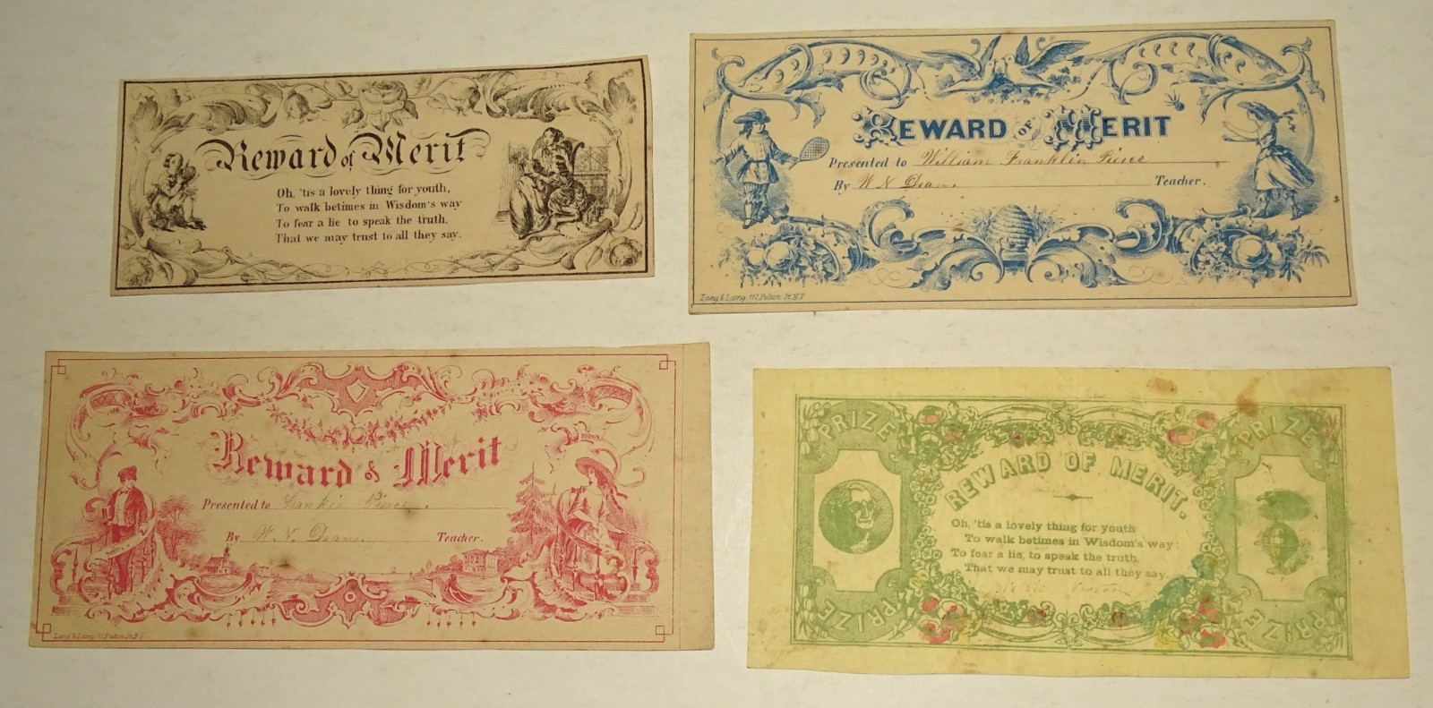 (4) circa 1880s Reward of Merit certificates; likely Taunton Mass. Pierce / Dean (4) circa 1880s Reward of Merit certificates; likely Taunton Mass. Pierce / Dean