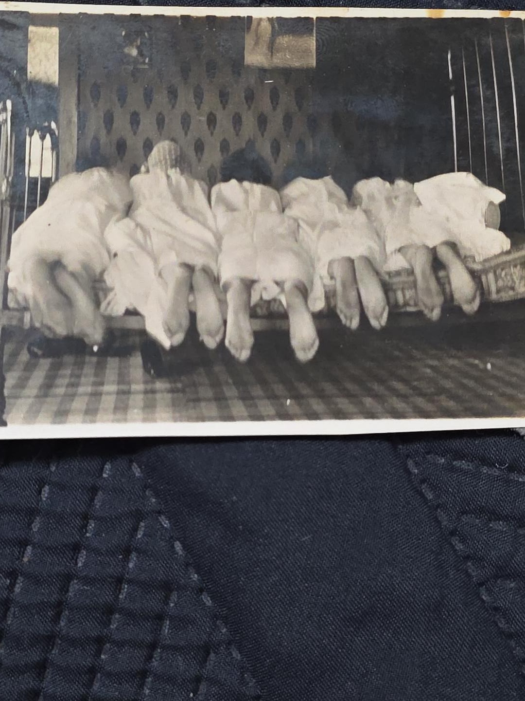 Antique Risque Photo 5 Women Bare Feet on Bed Odd Unusual Vintage Snapshot