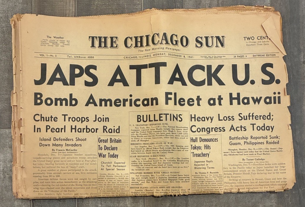 Original Chicago Sun Newspaper Dec 8 1941 Pearl Harbor WWII War Declared Original Chicago Sun Newspaper Dec 8 1941 Pearl Harbor WWII War Declared