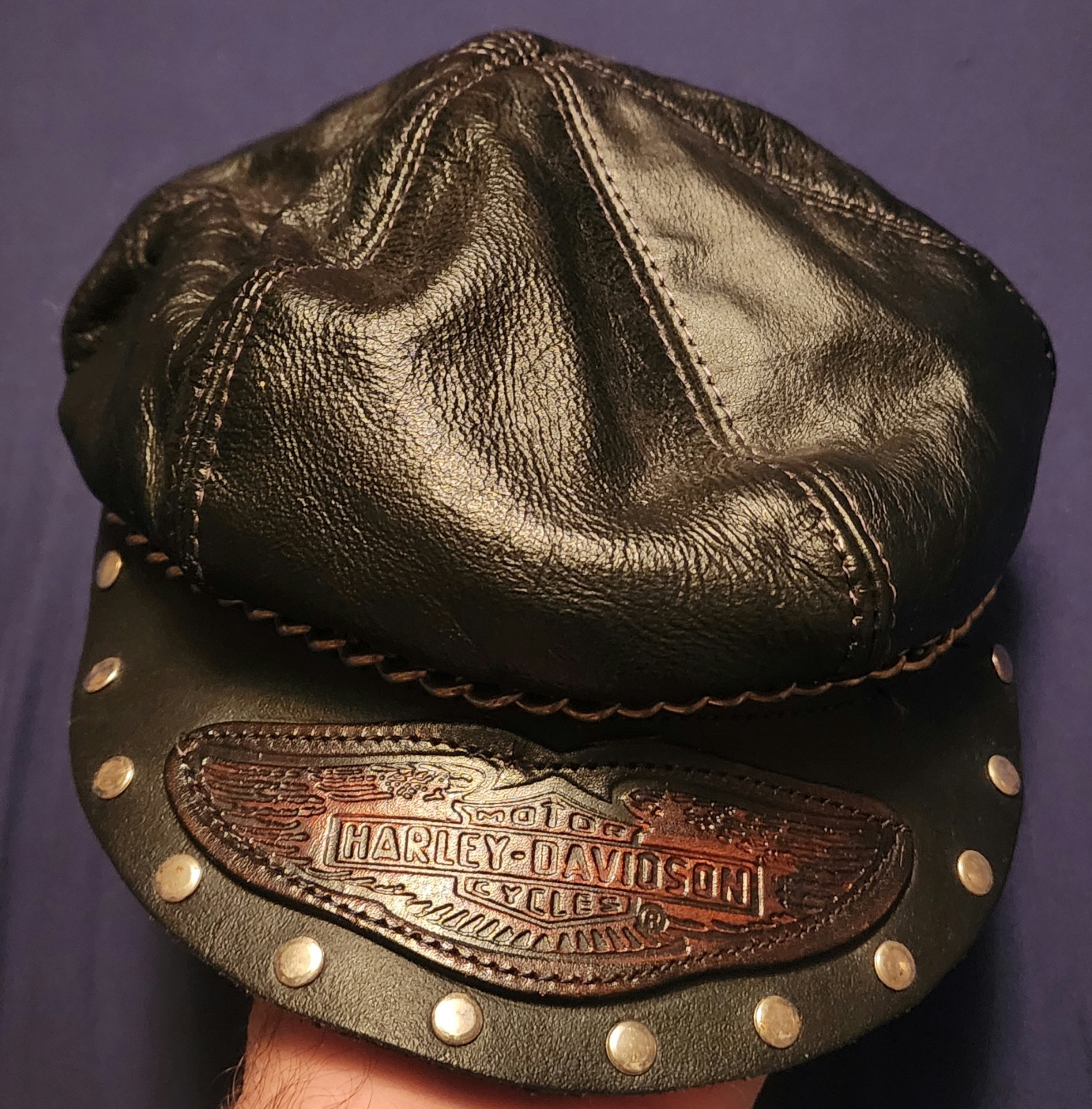 Vintage 3D Emblem Harley Davidson Bike Leather Cap Hat Studs Chain Visor Vintage 3D Emblem Harley Davidson Bike Leather Cap Hat Studs Chain Visor