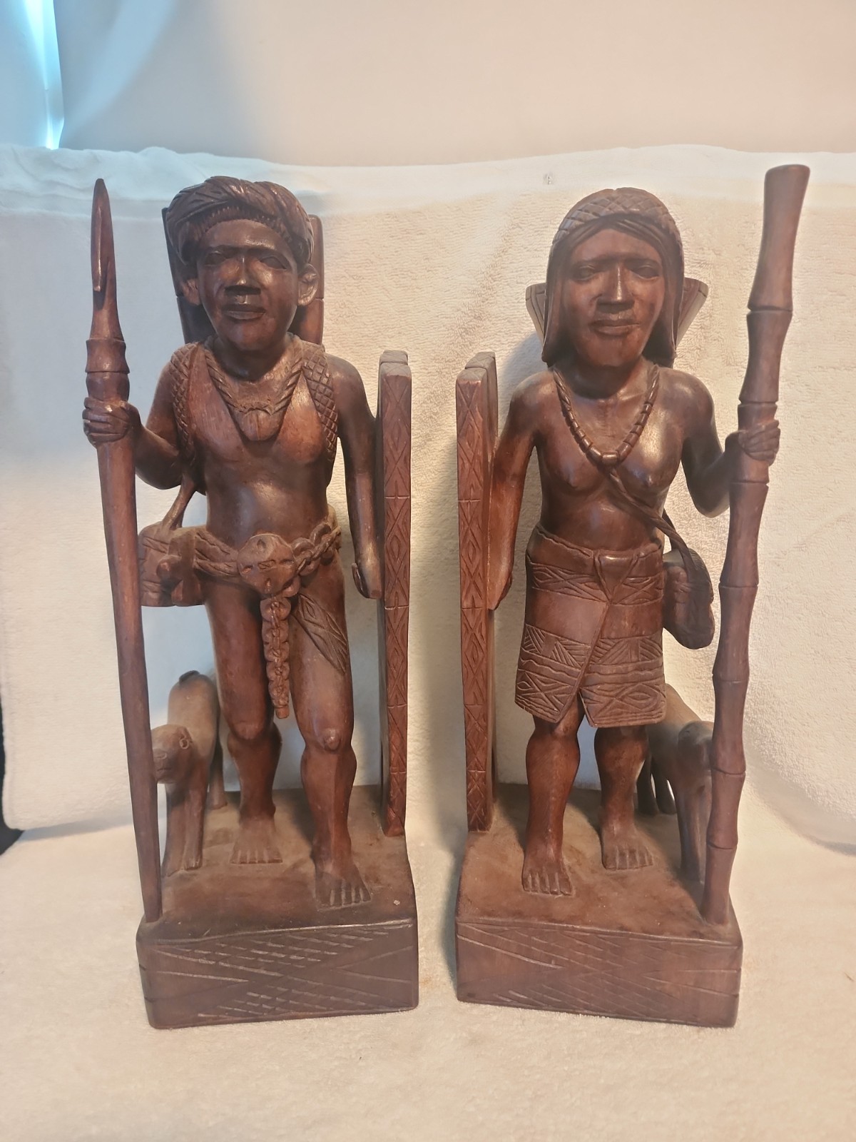 Vintage Man Woman with Dog Bookend Statues Igorot Philippines 16 '' Tall Vintage Man Woman with Dog Bookend Statues Igorot Philippines 16 '' Tall