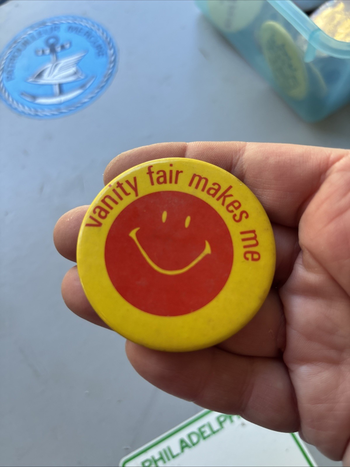 Vintage VANITY FAIR Makes Me Smile Smiley Face Pinback Button Pin Vintage VANITY FAIR Makes Me Smile Smiley Face Pinback Button Pin