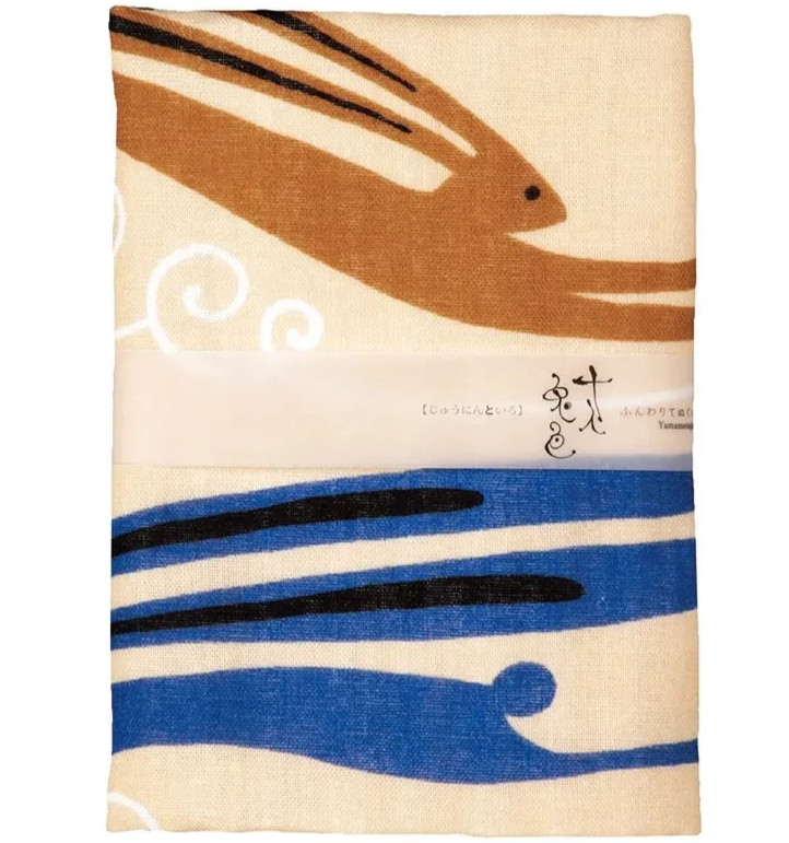 Japanese Tenugui Tapestry Cotton Hand Towel Rabbit Pattern with Flowing Waves