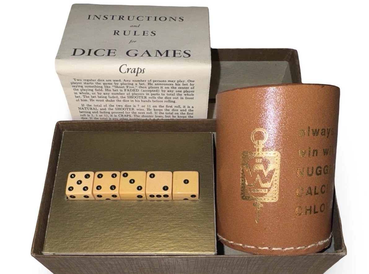 Vintage Nugget Calcium Chloride Advertising Dice Game Set Western Chemical Old