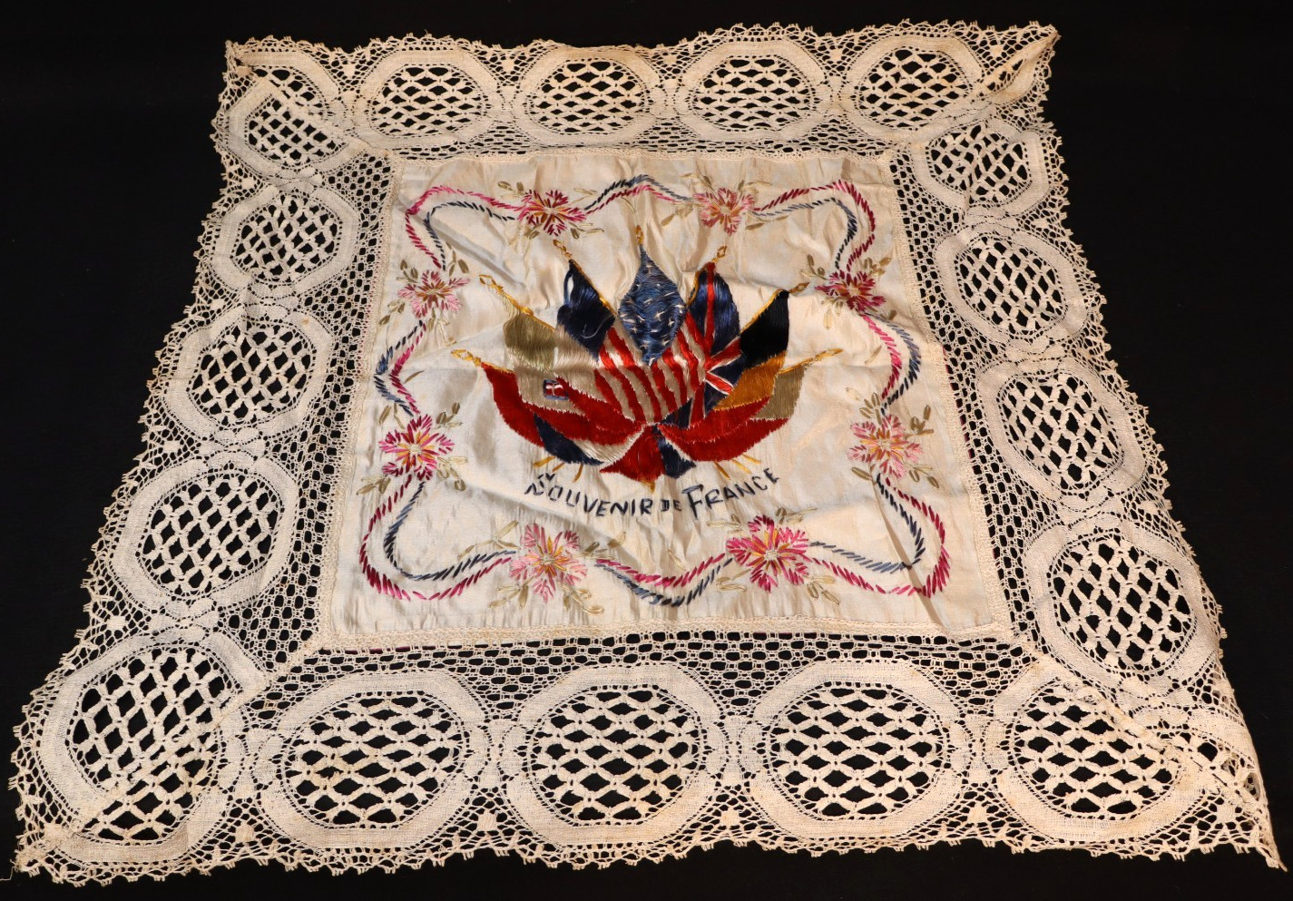 WWI US Army Souvenir of France Large Crochet Embroidered with Allied Flags, Neat