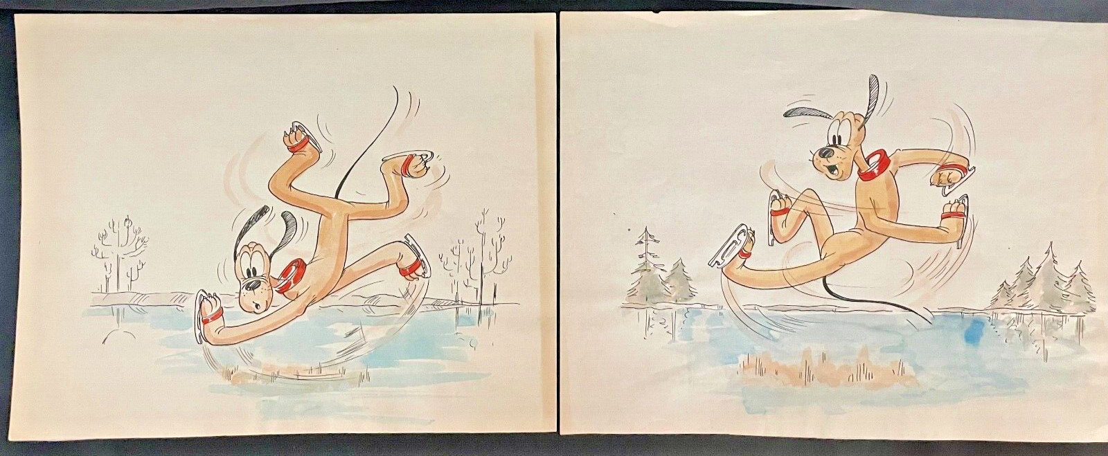 Pair Original 1940\'s Walt Disney Studios Color Pencil Drawings Pluto Ice Skating Pair Original 1940\'s Walt Disney Studios Color Pencil Drawings Pluto Ice Skating