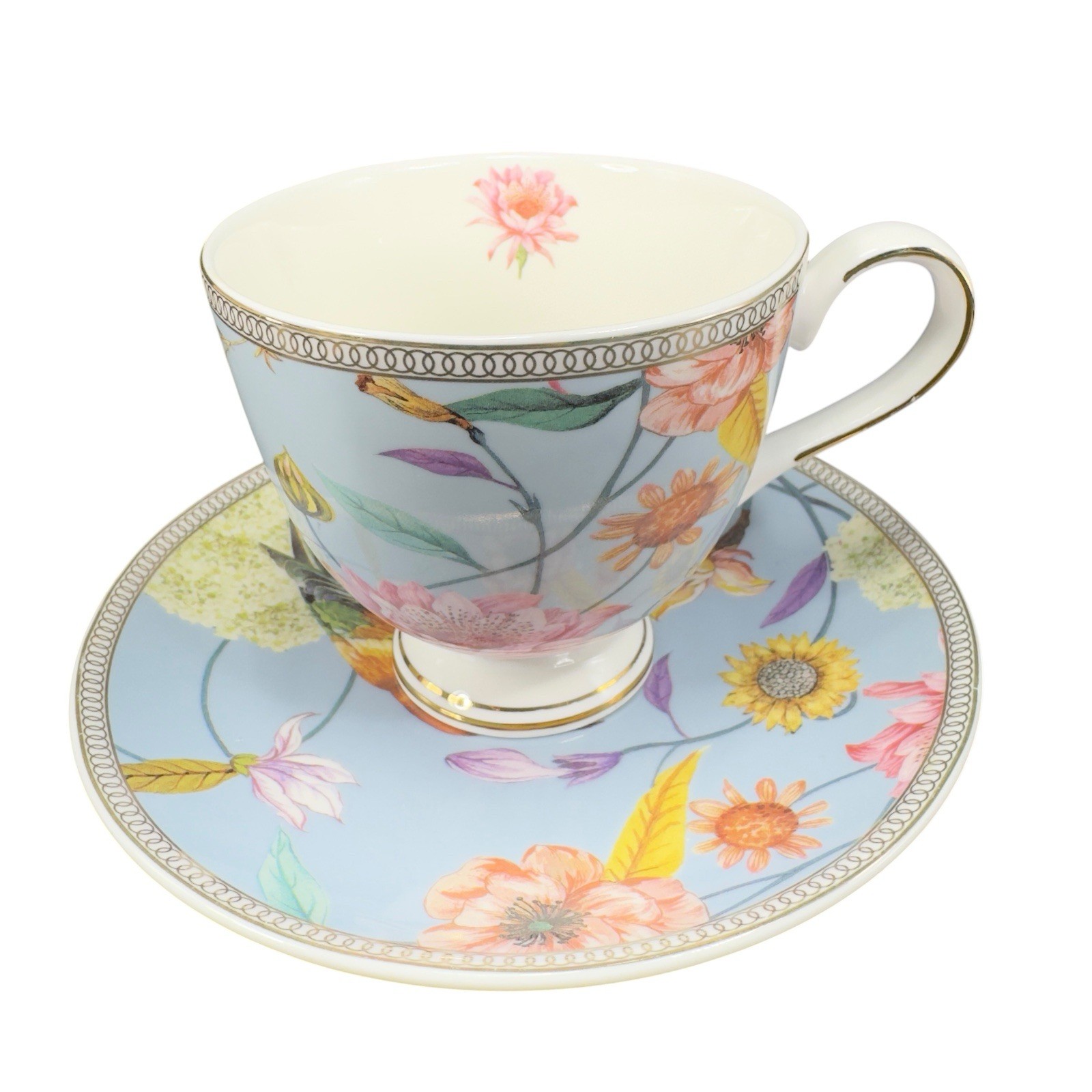 Shabby Chic Fine Porcelain Teacup And Saucer Set Tea Cup Plate Blue Floral Bird