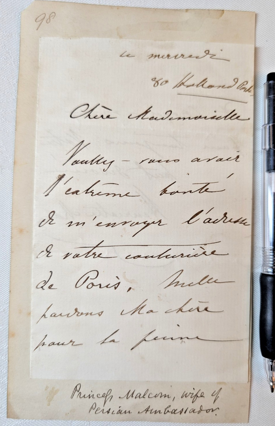 Princess Henriette Malcom, Wife of Persian Ambassador, Signed Letter Princess Henriette Malcom, Wife of Persian Ambassador, Signed Letter