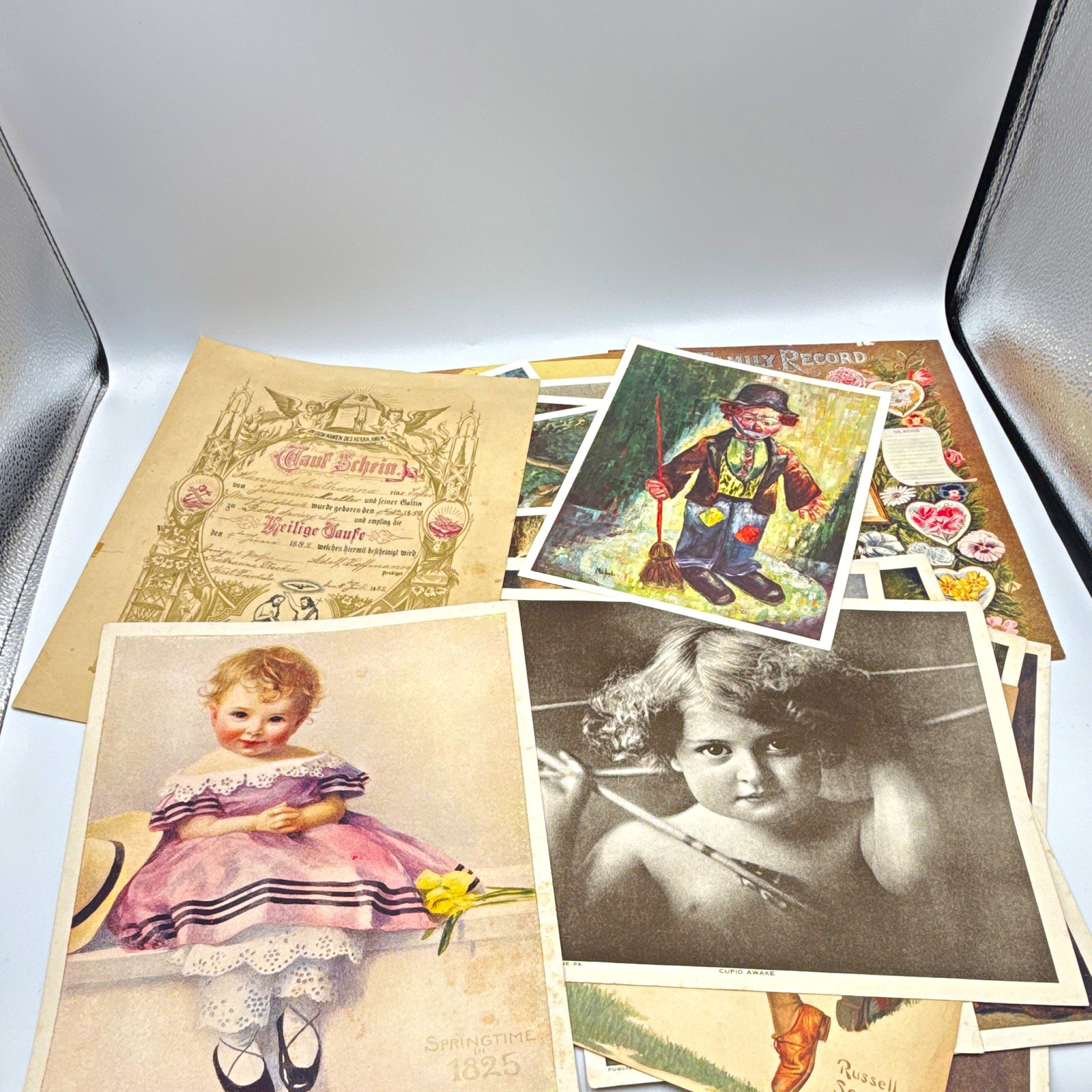 VTG Ephemera Lot - Art Prints, 1882 German Taufschein, Family Records, Clowns