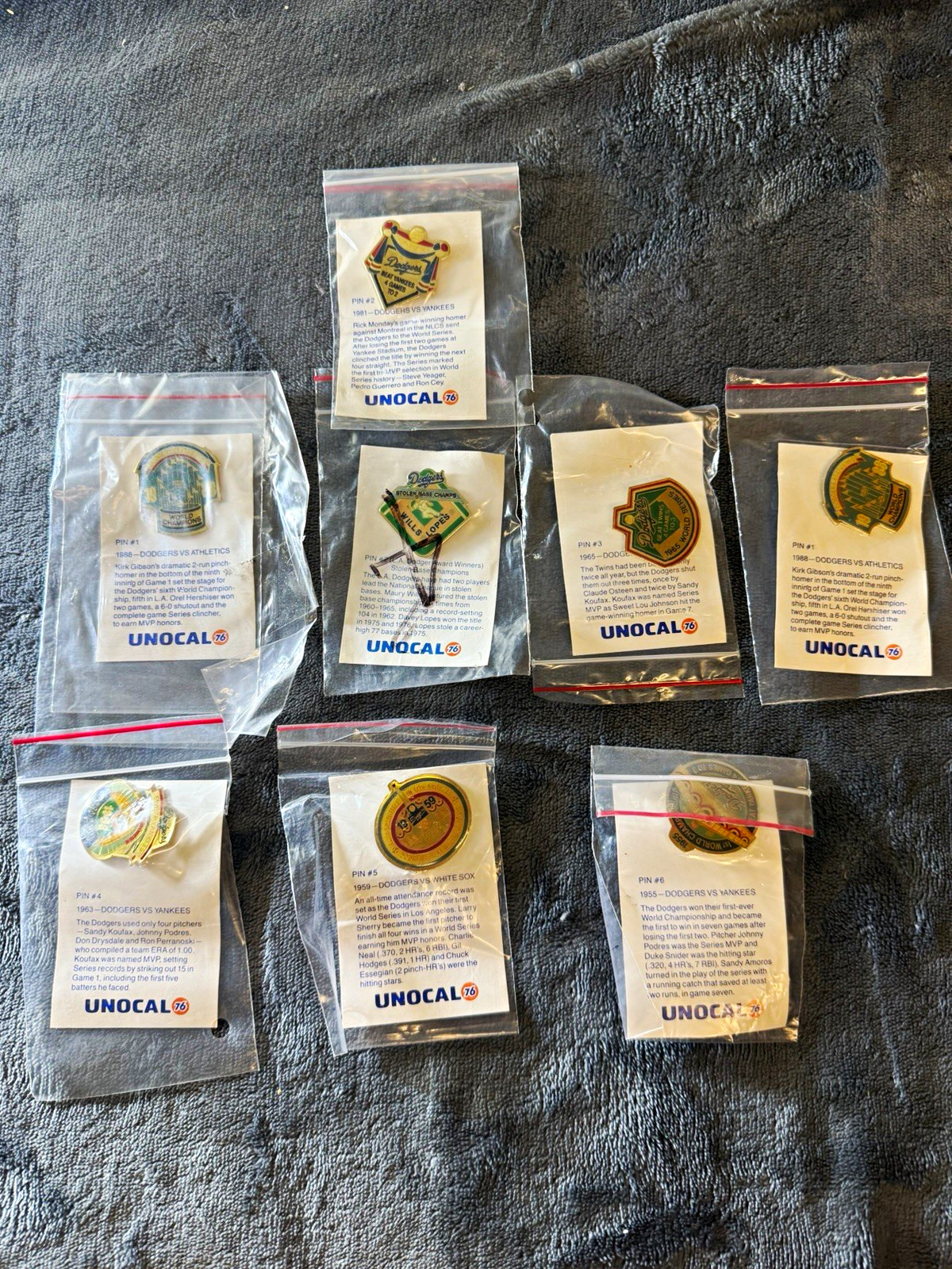 Vintage Unocal 76 LA Dodgers Pin Lot 8 World Series 1955-1988 W/ Cards