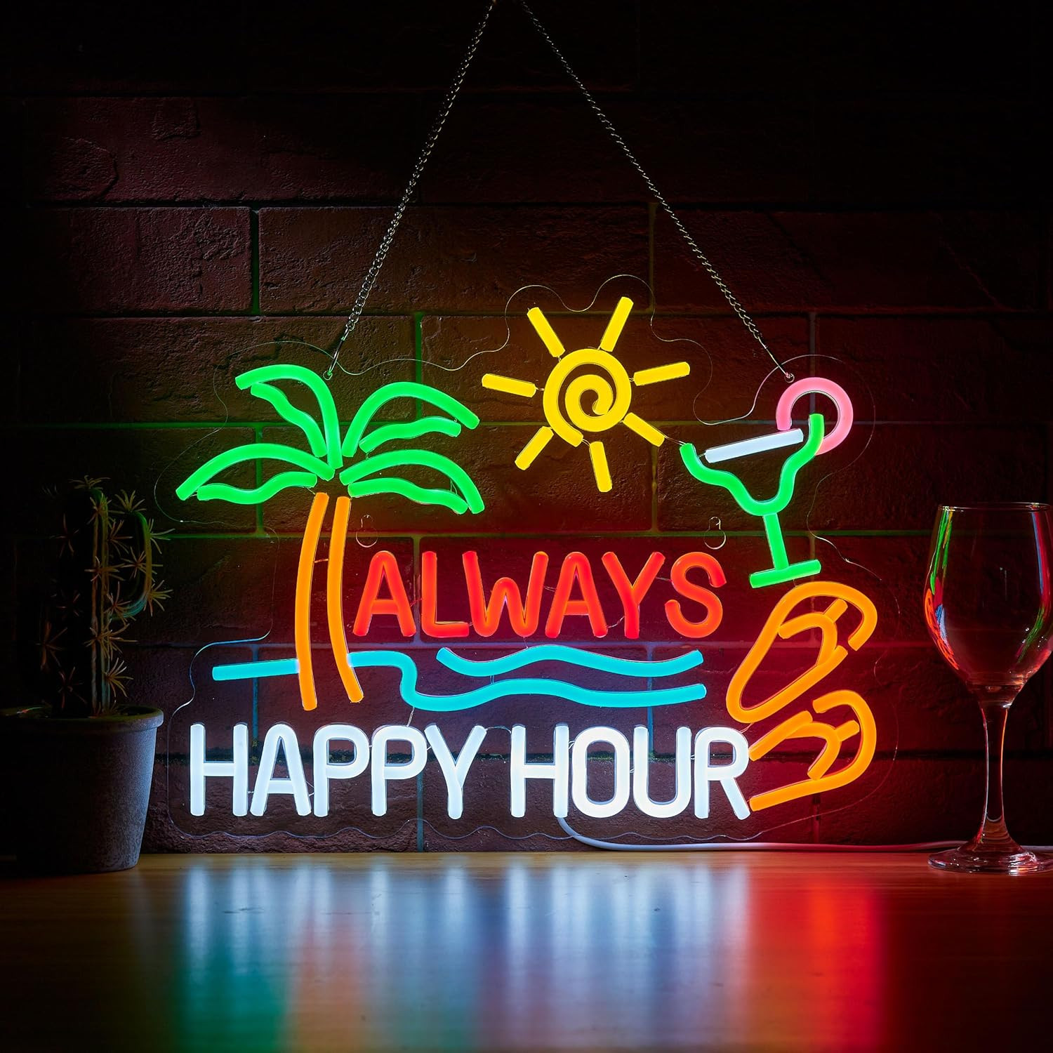 Always Happy Hour Beer Bar Neon Sign for Wall Décor Dimmable USB LED Neon Light