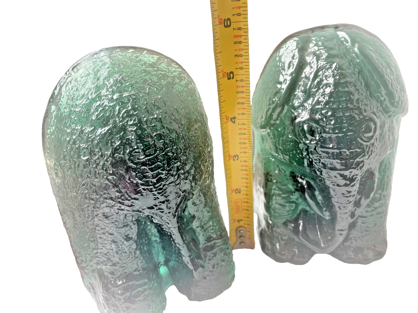 Pair Blenko Elephant green glass 6” tall decorative safari Bookends signed heavy Pair Blenko Elephant green glass 6” tall decorative safari Bookends signed heavy