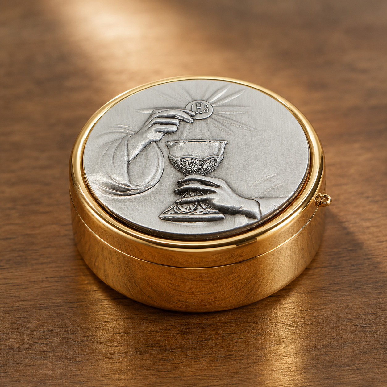 Polished Brass Two Tone Pyx with Chalice and Host Hospital Design Polished Brass Two Tone Pyx with Chalice and Host Hospital Design