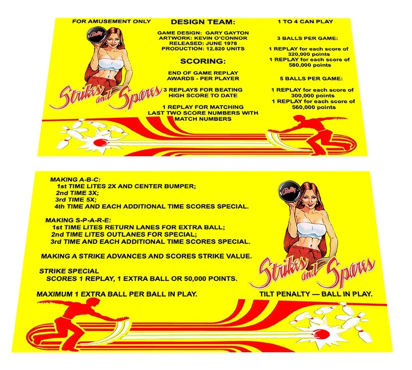 Bally Strikes and Spares Pinball Custom Apron Instruction Cards Hi Resolution Bally Strikes and Spares Pinball Custom Apron Instruction Cards Hi Resolution