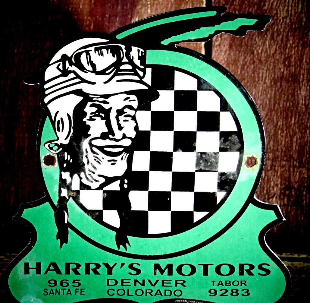 HARRY\'S MOTORS CHECKERED FLAG PORCELAIN COLLECTIBLE, RUSTIC, ADVERTISING HARRY\'S MOTORS CHECKERED FLAG PORCELAIN COLLECTIBLE, RUSTIC, ADVERTISING