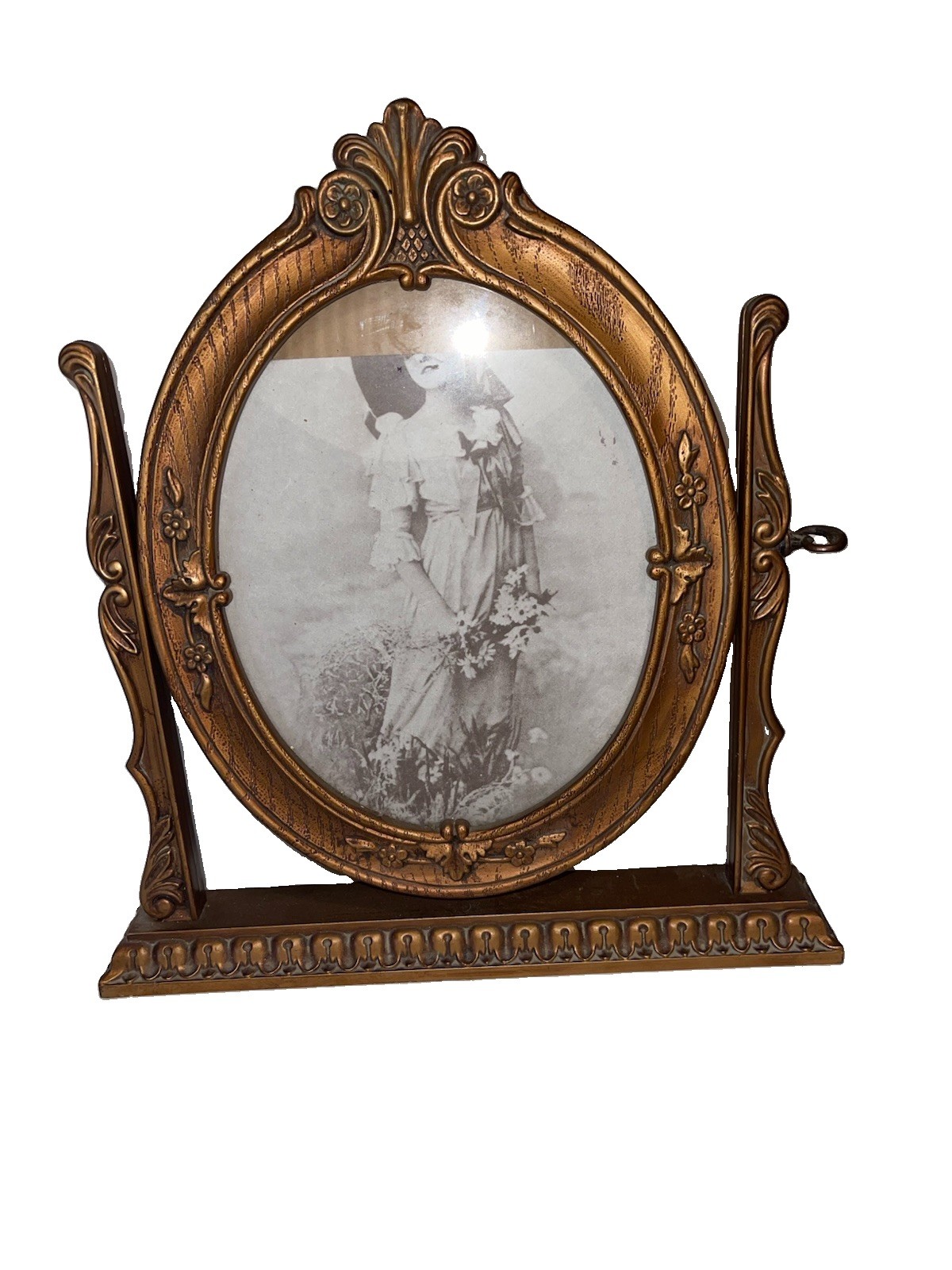 Cute Vintage Gold Tone Oval Swivel Picture Frame Faux Wood Tabletop Glass Front 