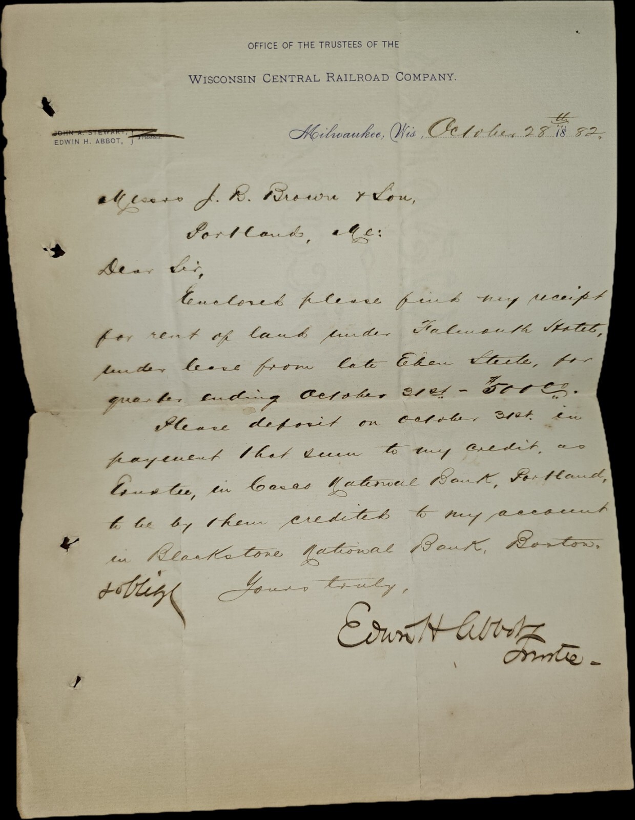 1882 Edwin H. Abbot, Trustee of Wisconsin Central Railroad Handwritten ALS 1882 Edwin H. Abbot, Trustee of Wisconsin Central Railroad Handwritten ALS