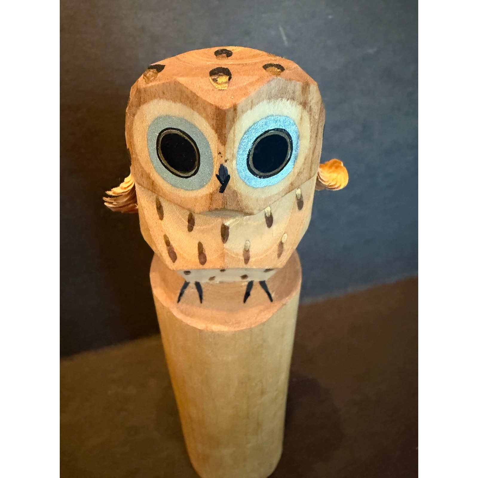 Vintage 1966 Greenwich Village Hand Carved Wooden Owl Sasano-bori Folk Art 3.75
