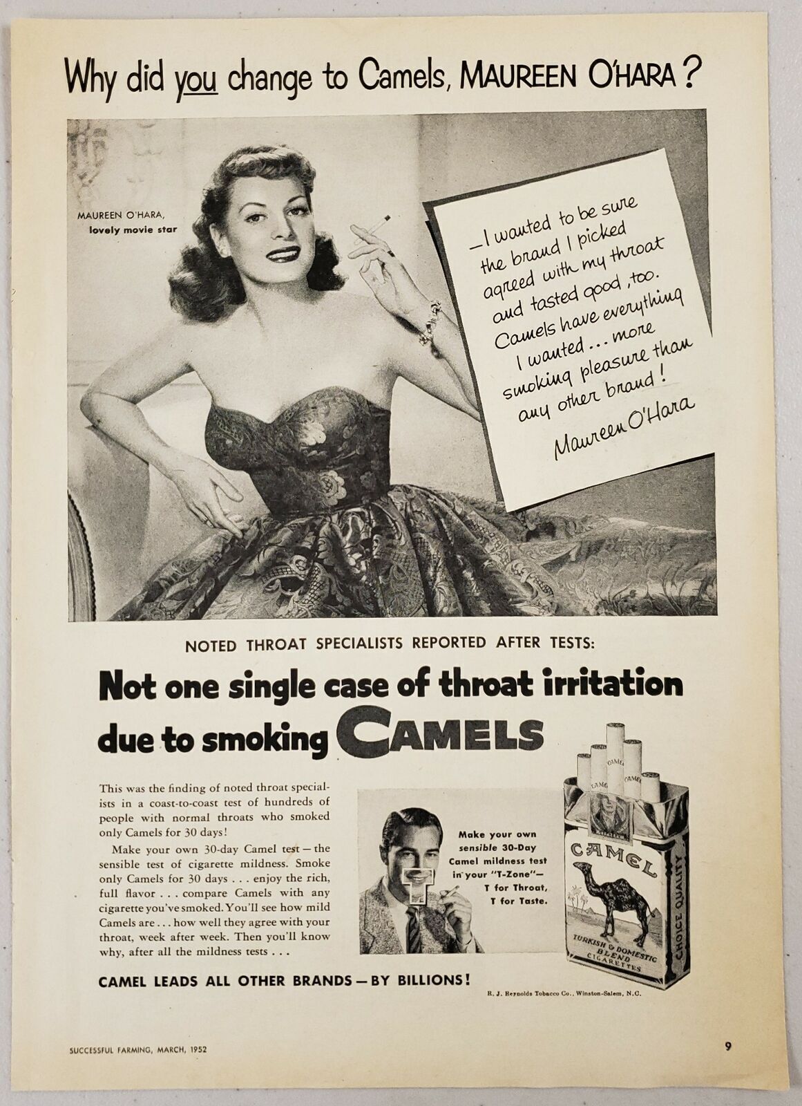 1952 Print Ad Camel Cigarettes Movie Actress Maureen O\'Hara Enjoying a Smoke 1952 Print Ad Camel Cigarettes Movie Actress Maureen O\'Hara Enjoying a Smoke