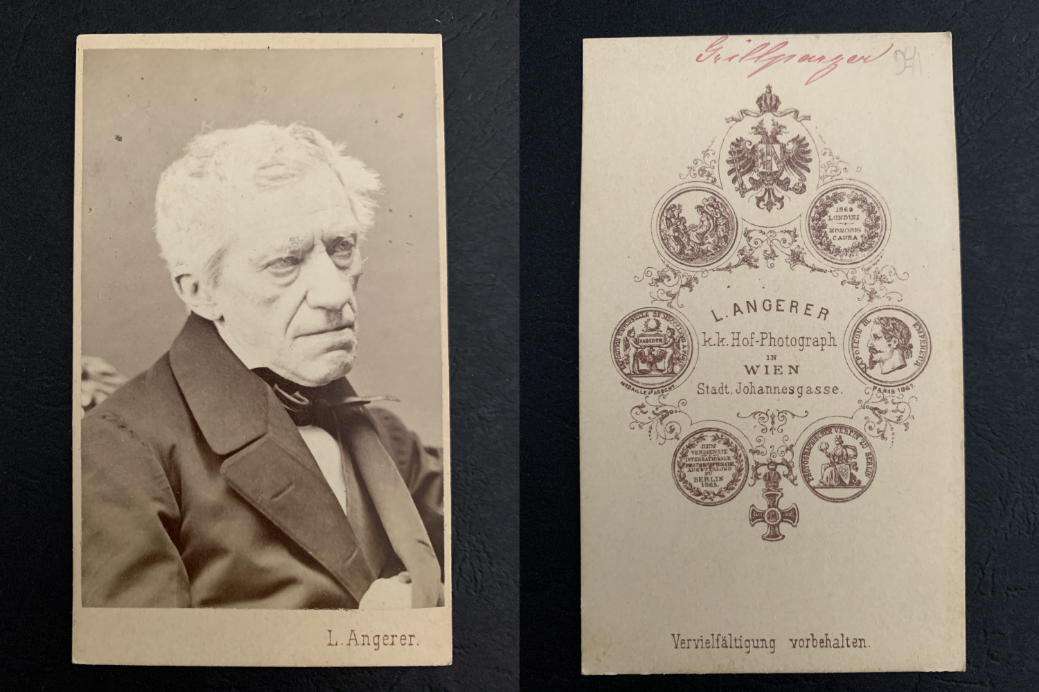 Angerer, Vienna, Franz Grillparzer Vintage Business Card, CDV. Franz Grillparz