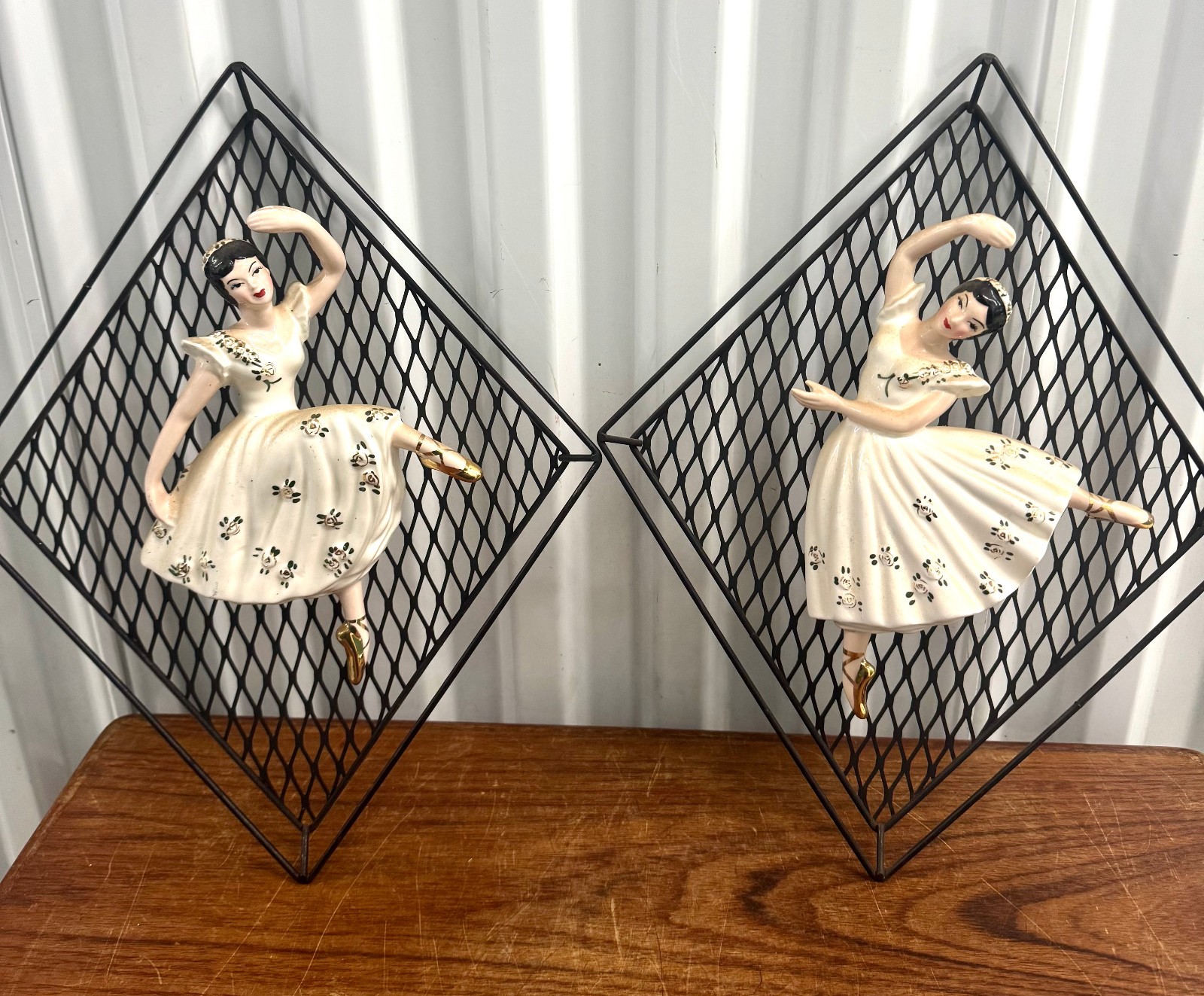 Vintage Mid Century 1950s Mahana Importing Co.Wire Framed Ceramic Ballerinas