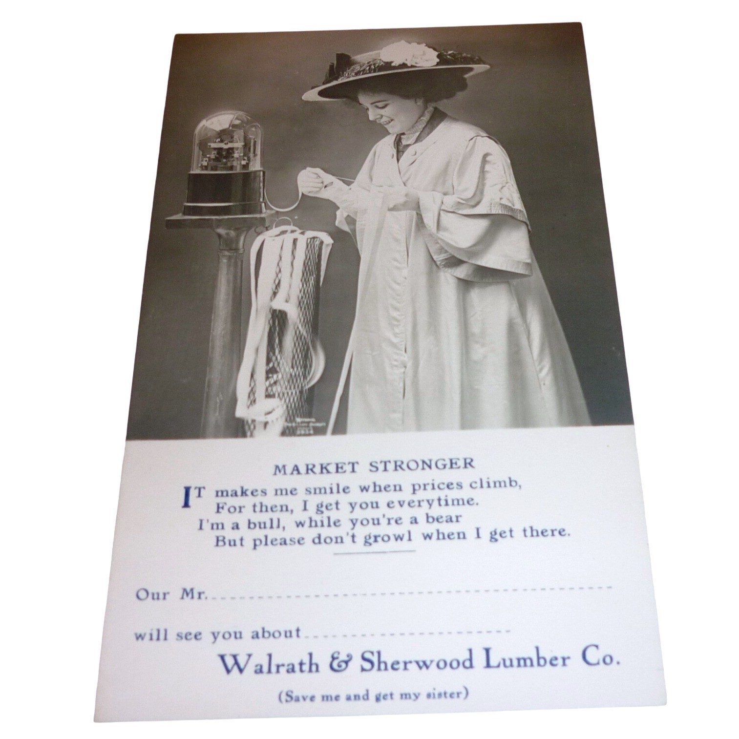 Vintage Walrath & Sherwood Lumber Co Postcard Market Stronger Stock Ticker Woman Vintage Walrath & Sherwood Lumber Co Postcard Market Stronger Stock Ticker Woman
