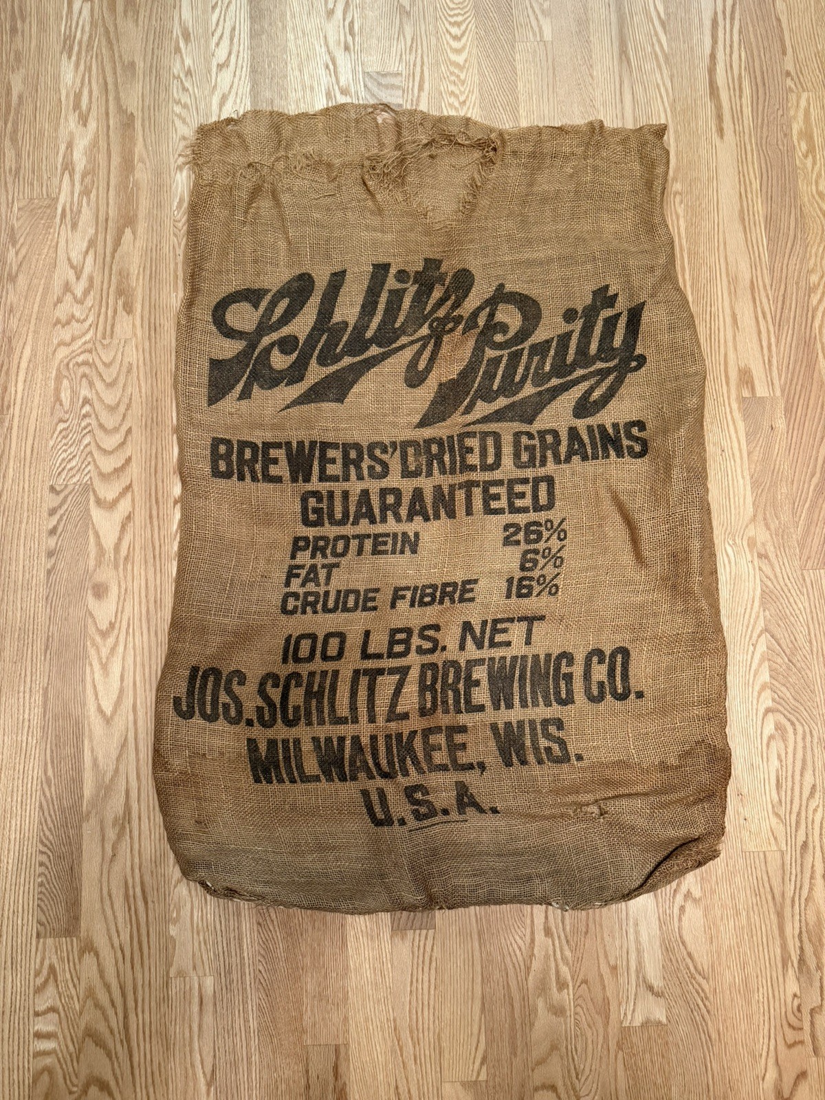 Vintage Jos. Schlitz Purity Brewing Dried Grains 100-Pound Bag Burlap Sack