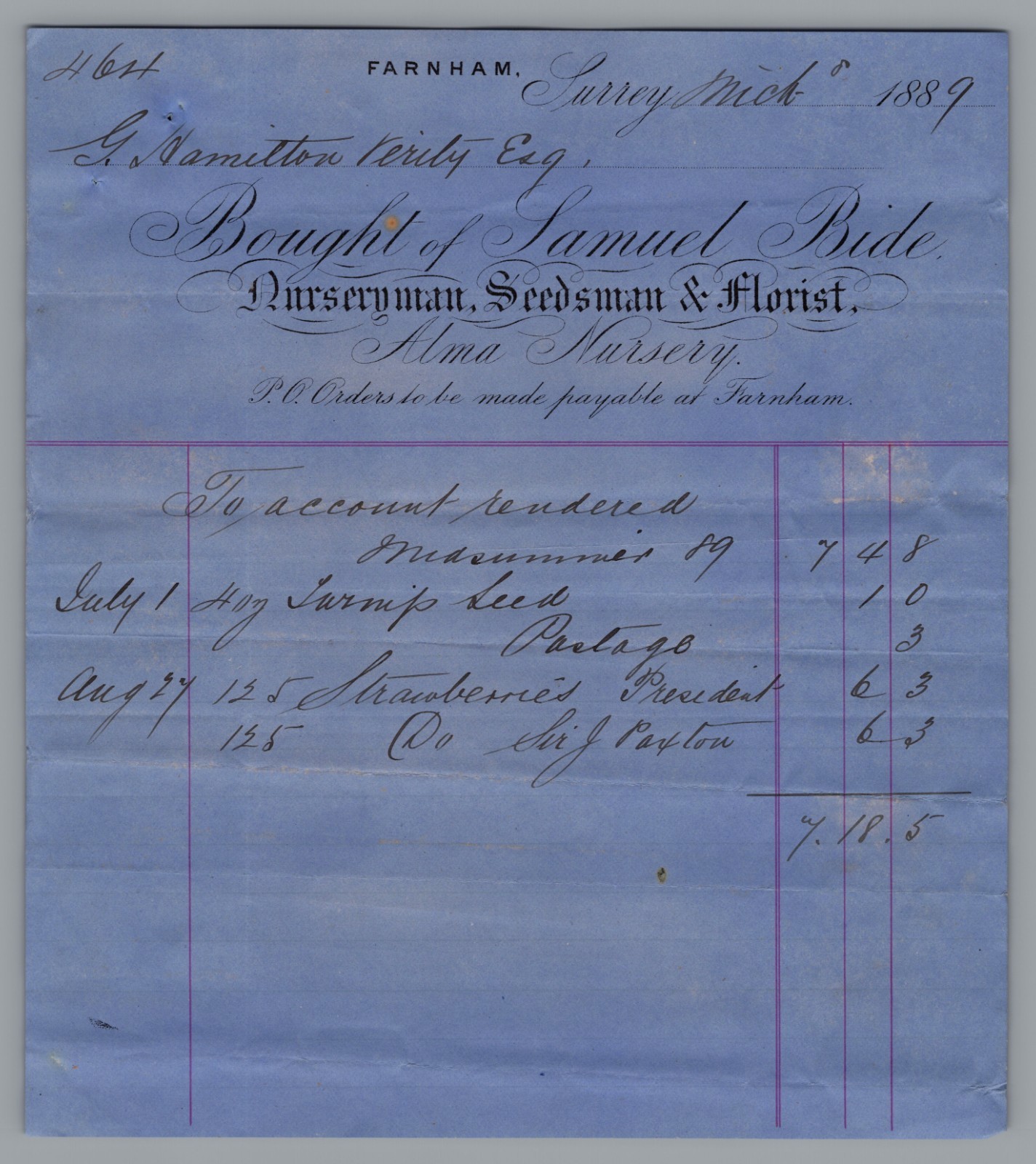 1889 Billhead SAMUEL BIDE FLORIST Farnham, Surrey - Uk Rare 1889 Billhead SAMUEL BIDE FLORIST Farnham, Surrey - Uk Rare