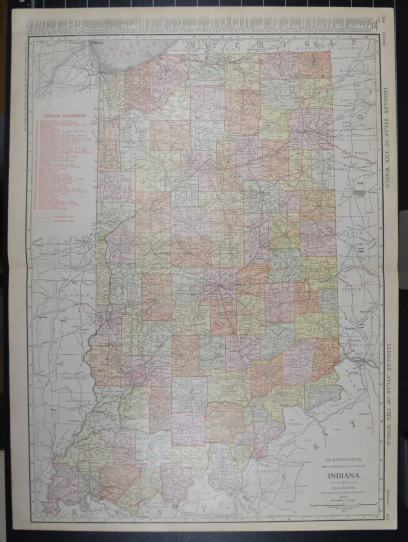INDIANA - 1912 - RAND-McNALLY NEW COMMERCIAL ATLAS - SHOWS RAILROADS