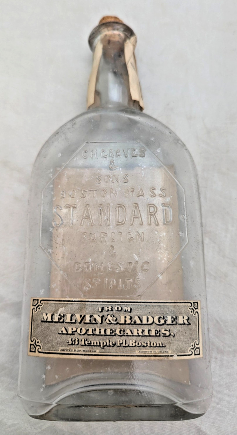 Antique C.H. Graves & Sons Grain Alcohol Glass Bottle Boston MA rare- Empty