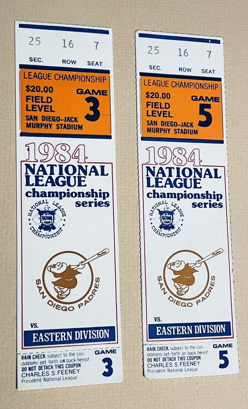 1984 NATIONAL LEAGUE CHAMPIONSHIP SERIES NLCS PADRES CUBS GAME 3 & 5 TICKET STUB