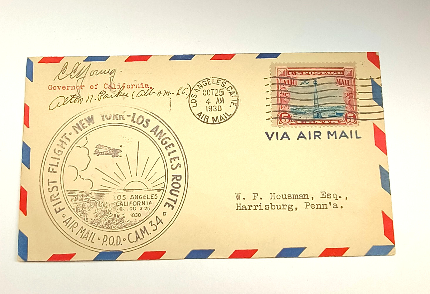 1930 NY/LA Rt First Flight CAM 34 w/CC Young Gov. & Alton Parker pilot autograph 1930 NY/LA Rt First Flight CAM 34 w/CC Young Gov. & Alton Parker pilot autograph