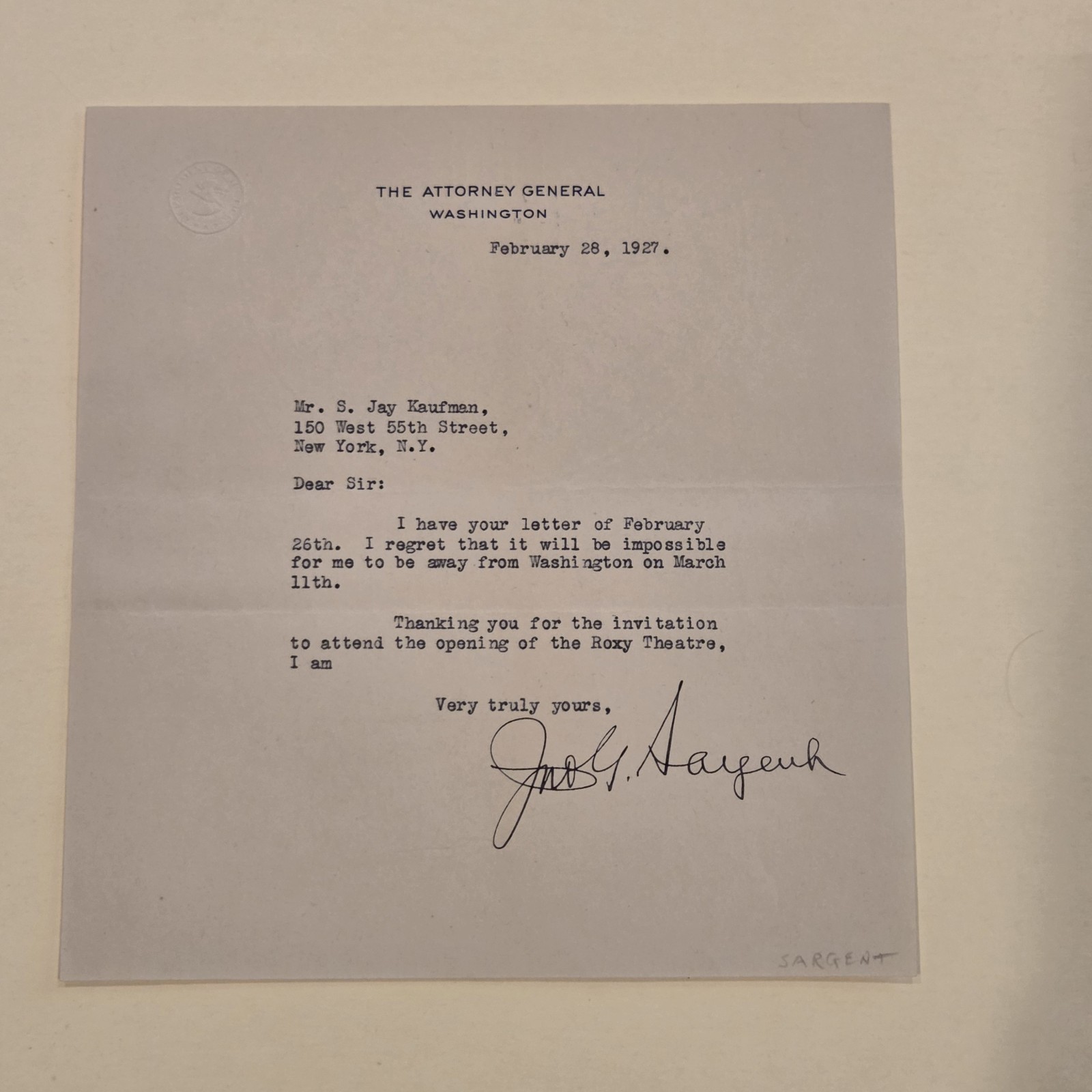 Rare Roxy Theatre Content - US Attorney General Sargent Signed Letter Autograph Rare Roxy Theatre Content - US Attorney General Sargent Signed Letter Autograph