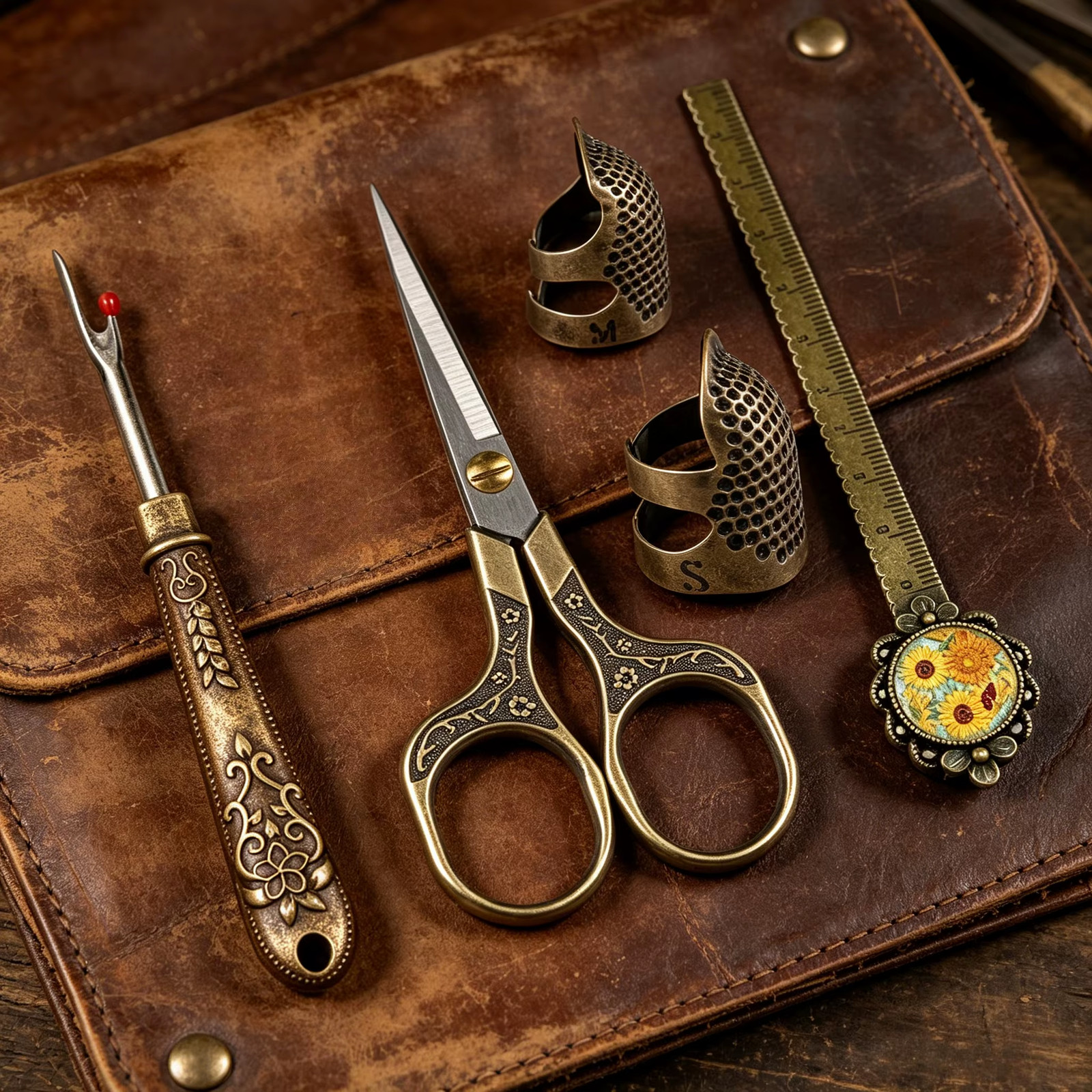 5Pcs Vintage Sewing Tool Set Embossed Scissors Thimble Seam Ripper Ruler DIY 79c 5Pcs Vintage Sewing Tool Set Embossed Scissors Thimble Seam Ripper Ruler DIY 79c