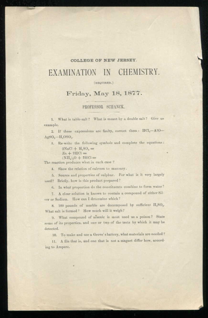 1877 Broadside, College Of New Jersey (Princeton), Chemistry Exam, Prof. Schanck 1877 Broadside, College Of New Jersey (Princeton), Chemistry Exam, Prof. Schanck