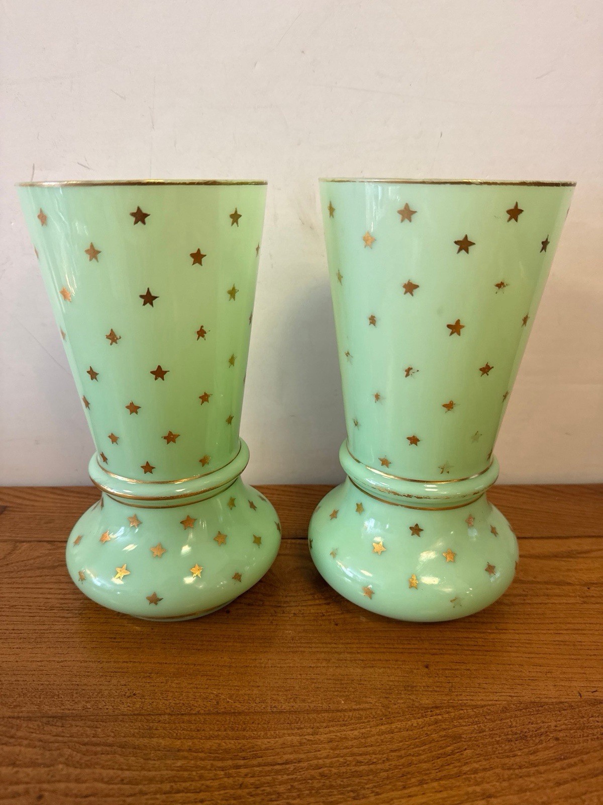 antique French mint green opaline glass vases gilt star motifs antique French mint green opaline glass vases gilt star motifs