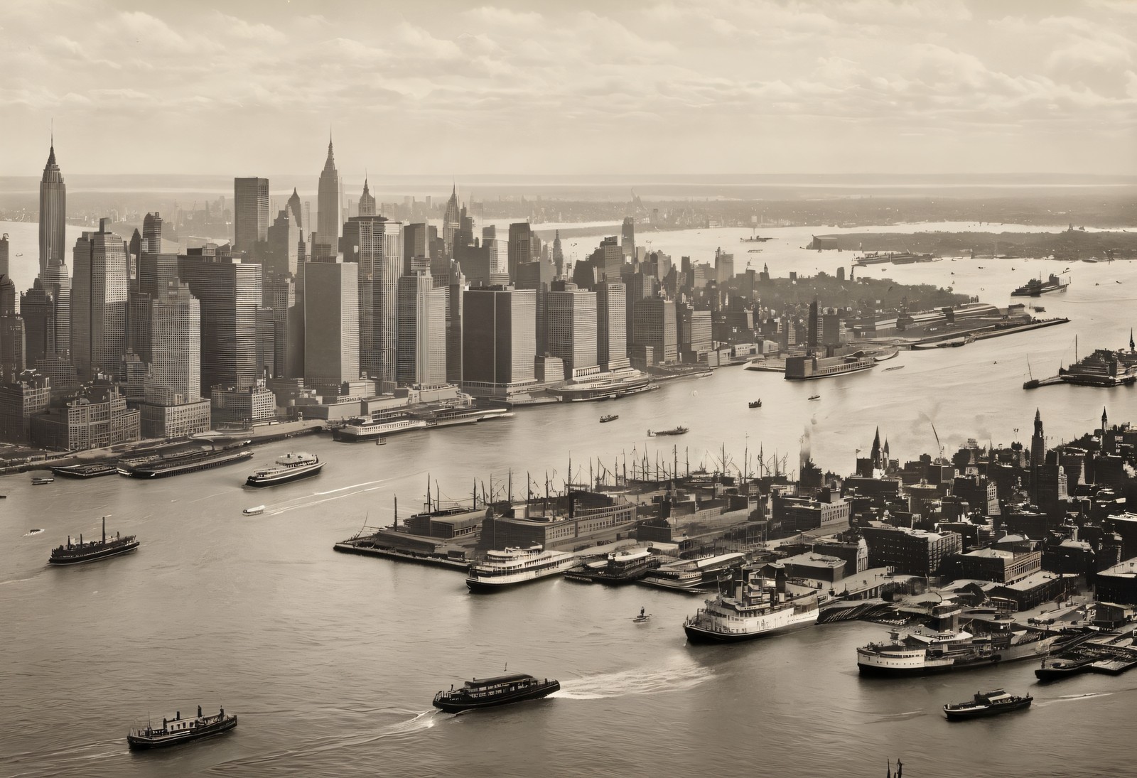 New York Harbor Bird's-Eye View - Early 1900s - Antique Print