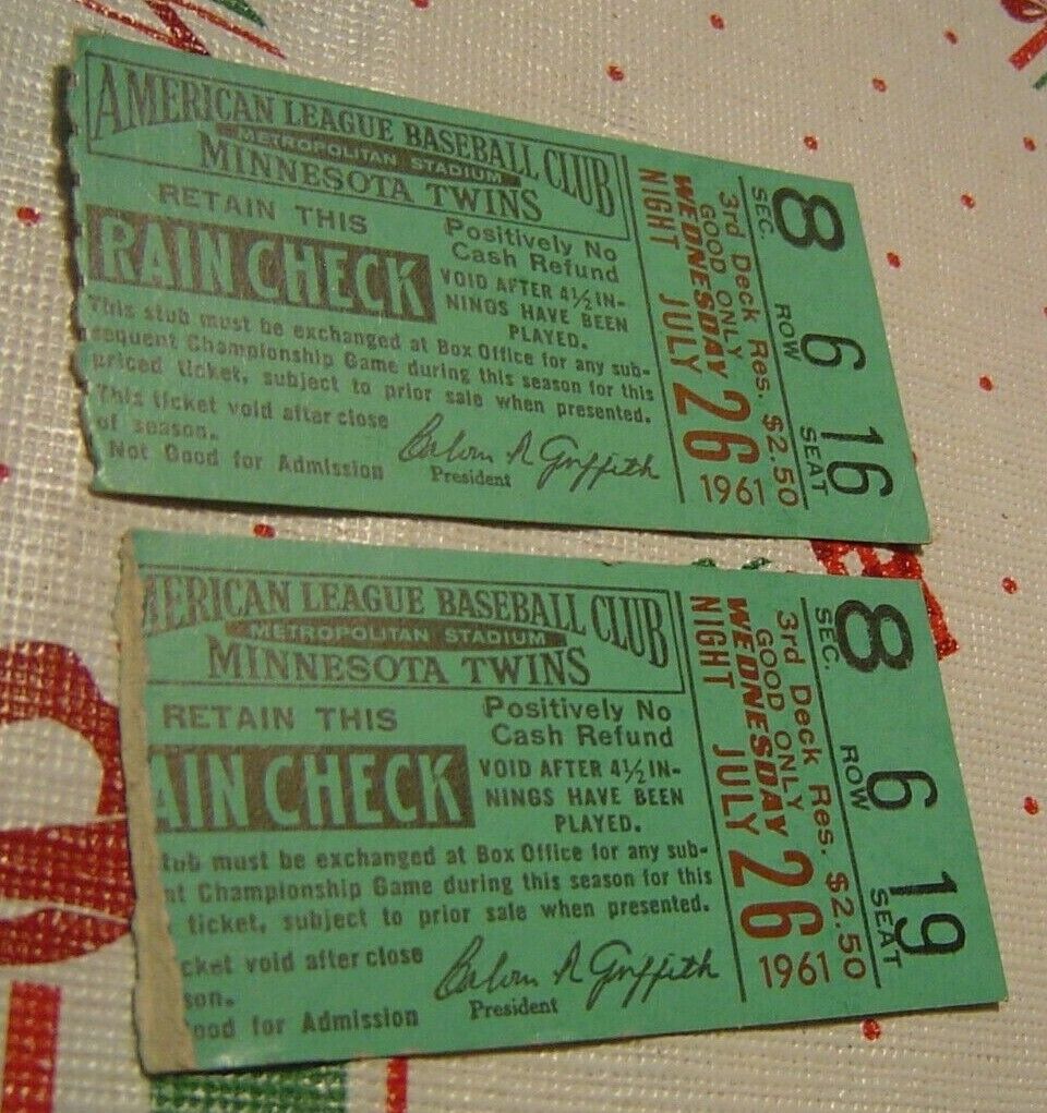 Vintage (2) 1961 Minnesota Twins Vs. Washinton Senators, Ticket Stubs, VG+ Cond